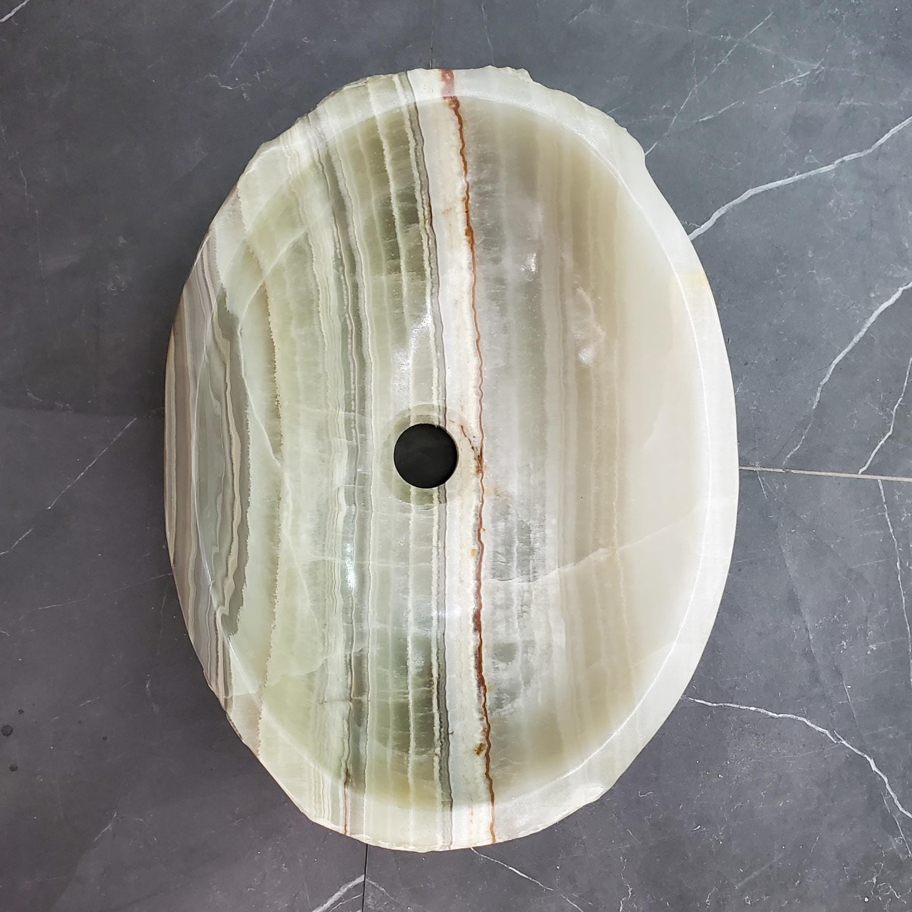 Green Onyx Vessel Sink, 16.5x12.5 Inch Natural Stone Countertop Basin, Polished Luxury Vanity Sink, Spa Bathroom Decor Above Counter sink Bathroom Décor beige tan taupe hand basin bowl handmade powder room Home design trends luxury bathroom Marble Onix Rock modern contemporary natural stone sink plumbing fixture Rectangle Vessel Tan Rustic Onyx Vessel Sinks Translucent Polish