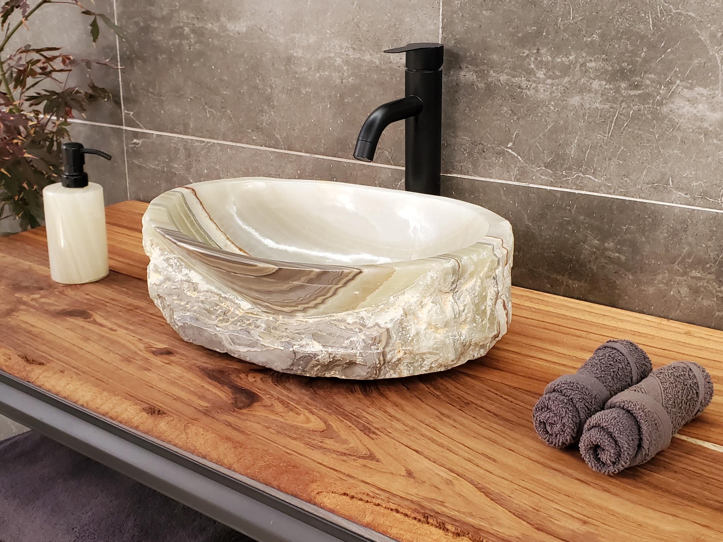 Green Onyx Vessel Sink, 16.5x12.5 Inch Natural Stone Countertop Basin, Polished Luxury Vanity Sink, Spa Bathroom Decor Above Counter sink Bathroom Décor beige tan taupe hand basin bowl handmade powder room Home design trends luxury bathroom Marble Onix Rock modern contemporary natural stone sink plumbing fixture Rectangle Vessel Tan Rustic Onyx Vessel Sinks Translucent Polish