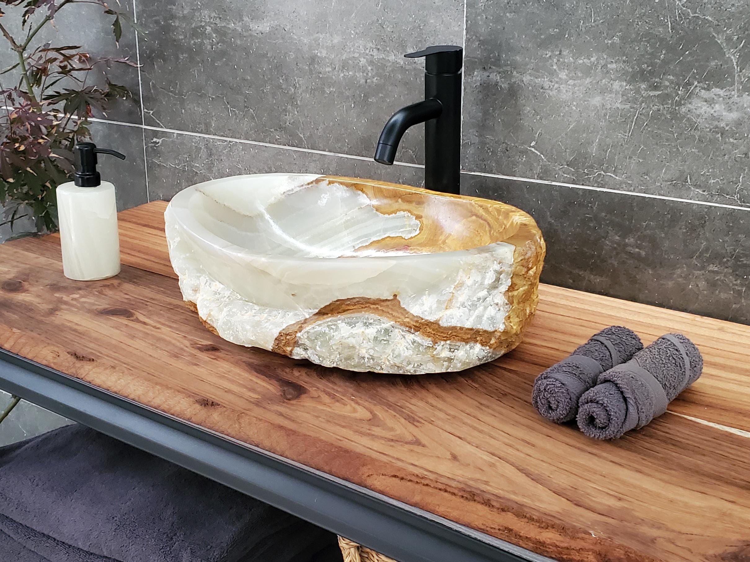 Green Onyx Vessel Sink – Oval Natural Stone Countertop Sink, Polished Vanity Basin, Luxury Spa Bathroom Decor 17x13 Inch Above Counter sink Bathroom Décor beige tan taupe hand basin bowl handmade powder room Home design trends luxury bathroom Marble Onix Rock modern contemporary natural stone sink plumbing fixture Rectangle Vessel Tan Rustic Onyx Vessel Sinks Translucent Polish