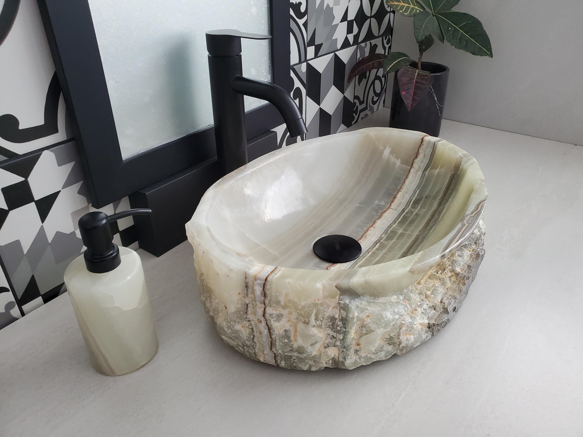 Green Onyx Marble Vessel Sink, 16.5x12.5 Inch Natural Stone Countertop Basin, Polished Luxury Vanity Sink, Spa Bathroom Decor Above Counter sink Bathroom Décor beige tan taupe hand basin bowl handmade powder room Home design trends luxury bathroom Marble Onix Rock modern contemporary natural stone sink plumbing fixture Rectangle Vessel Tan Rustic Onyx Vessel Sinks Translucent Polish