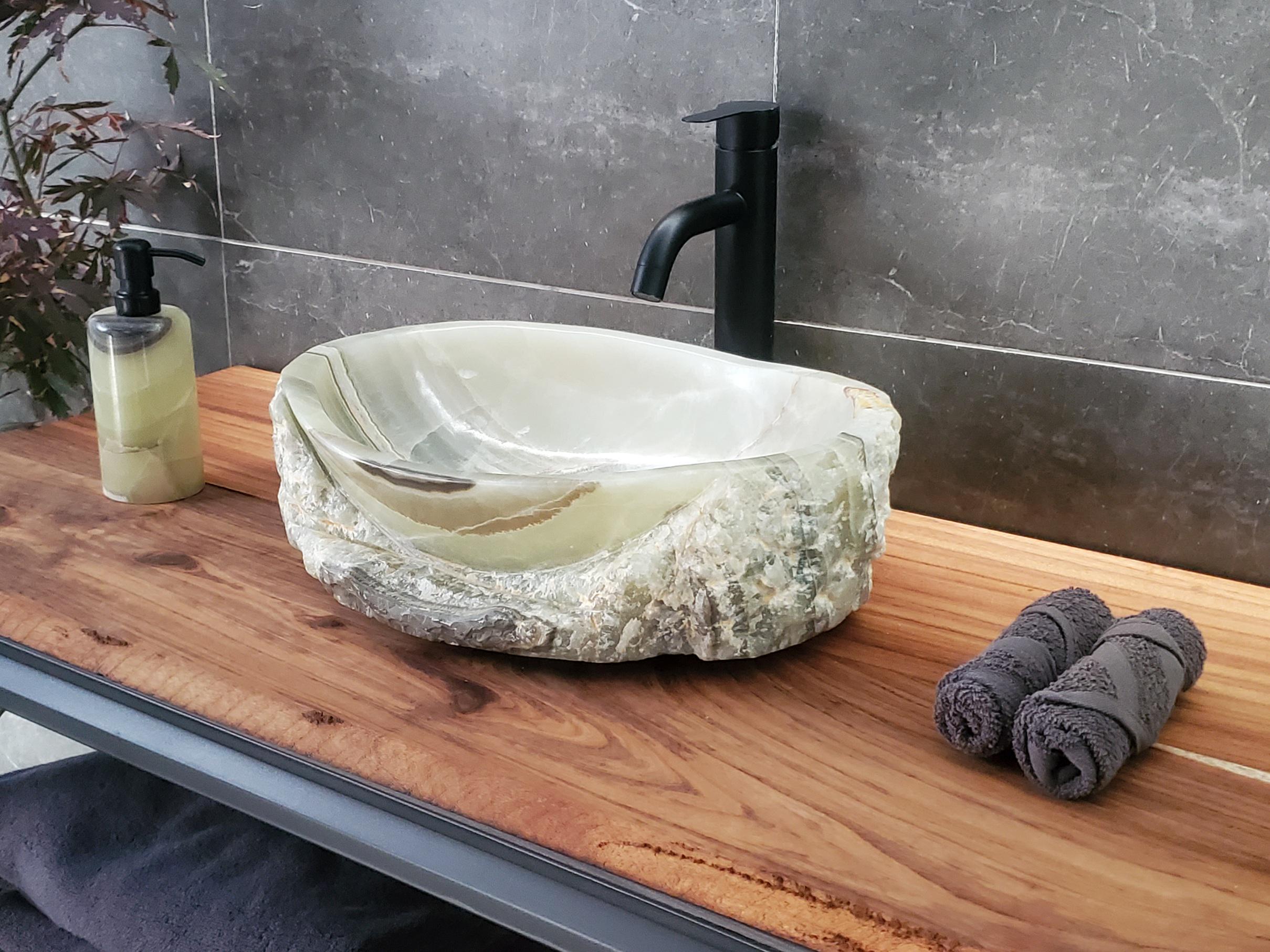 Green Onyx Vessel Sink – Oval Natural Stone Countertop Sink, Polished Vanity Basin, Luxury Spa Bathroom Decor 16.5x12.5 Inch Above Counter sink Bathroom Décor beige tan taupe hand basin bowl handmade powder room Home design trends luxury bathroom Marble Onix Rock modern contemporary natural stone sink plumbing fixture Rectangle Vessel Tan Rustic Onyx Vessel Sinks Translucent Polish