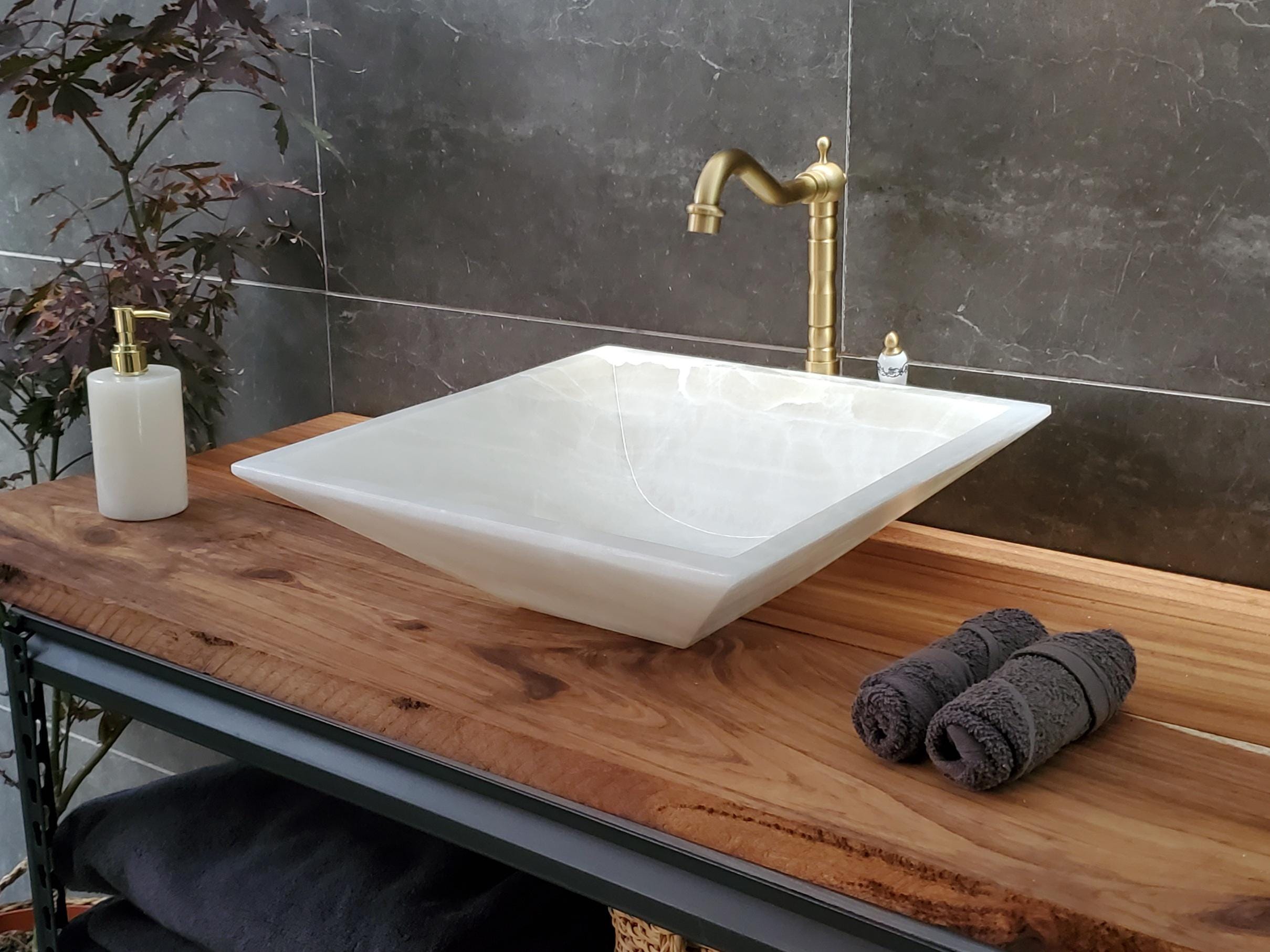 White Onyx Marble Vessel Sink – Natural Stone Countertop Sink, Polished Vanity Basin, Luxury Spa Bathroom Decor 15.8x15.8 Inch Above Counter sink Bathroom Décor beige tan taupe hand basin bowl handmade powder room Home design trends luxury bathroom Marble Onix Rock modern contemporary natural stone sink plumbing fixture Polished Onyx Sinks Rectangle Vessel Tan Translucent Polish