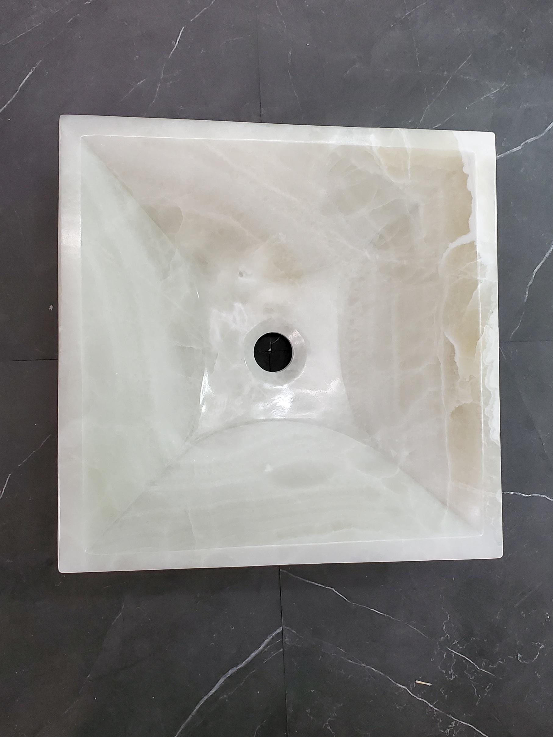 White Onyx Marble Vessel Sink – Natural Stone Countertop Sink, Polished Vanity Basin, Luxury Spa Bathroom Decor 15.8x15.8 Inch Above Counter sink Bathroom Décor beige tan taupe hand basin bowl handmade powder room Home design trends luxury bathroom Marble Onix Rock modern contemporary natural stone sink plumbing fixture Polished Onyx Sinks Rectangle Vessel Tan Translucent Polish