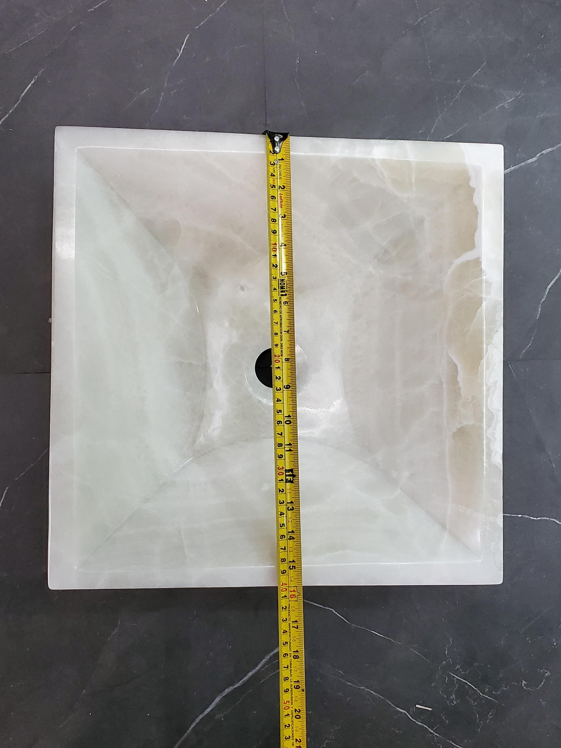 White Onyx Marble Vessel Sink – Natural Stone Countertop Sink, Polished Vanity Basin, Luxury Spa Bathroom Decor 15.8x15.8 Inch Above Counter sink Bathroom Décor beige tan taupe hand basin bowl handmade powder room Home design trends luxury bathroom Marble Onix Rock modern contemporary natural stone sink plumbing fixture Polished Onyx Sinks Rectangle Vessel Tan Translucent Polish