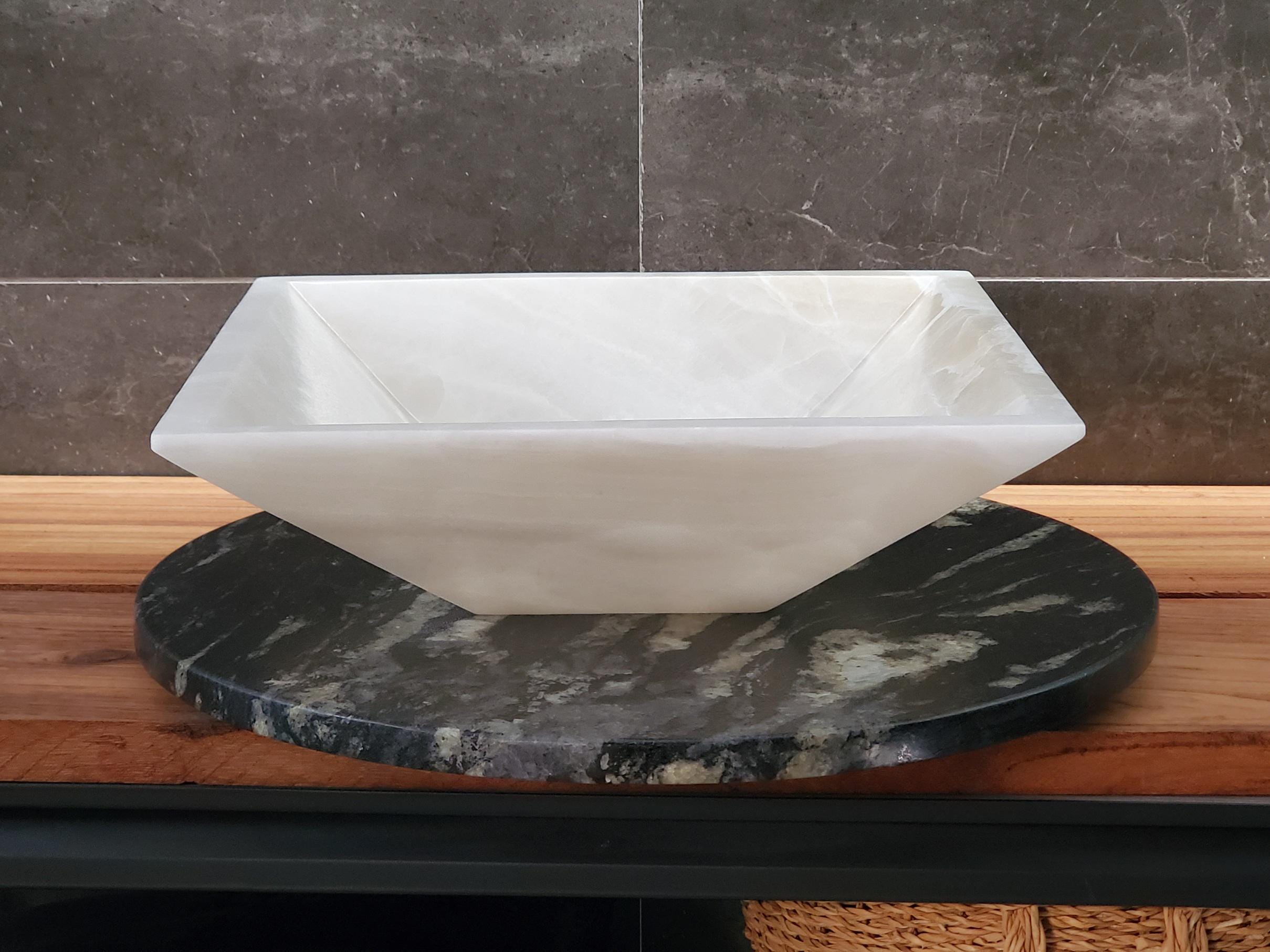 White Onyx Marble Vessel Sink – Natural Stone Countertop Sink, Polished Vanity Basin, Luxury Spa Bathroom Decor 15.8x15.8 Inch Above Counter sink Bathroom Décor beige tan taupe hand basin bowl handmade powder room Home design trends luxury bathroom Marble Onix Rock modern contemporary natural stone sink plumbing fixture Polished Onyx Sinks Rectangle Vessel Tan Translucent Polish