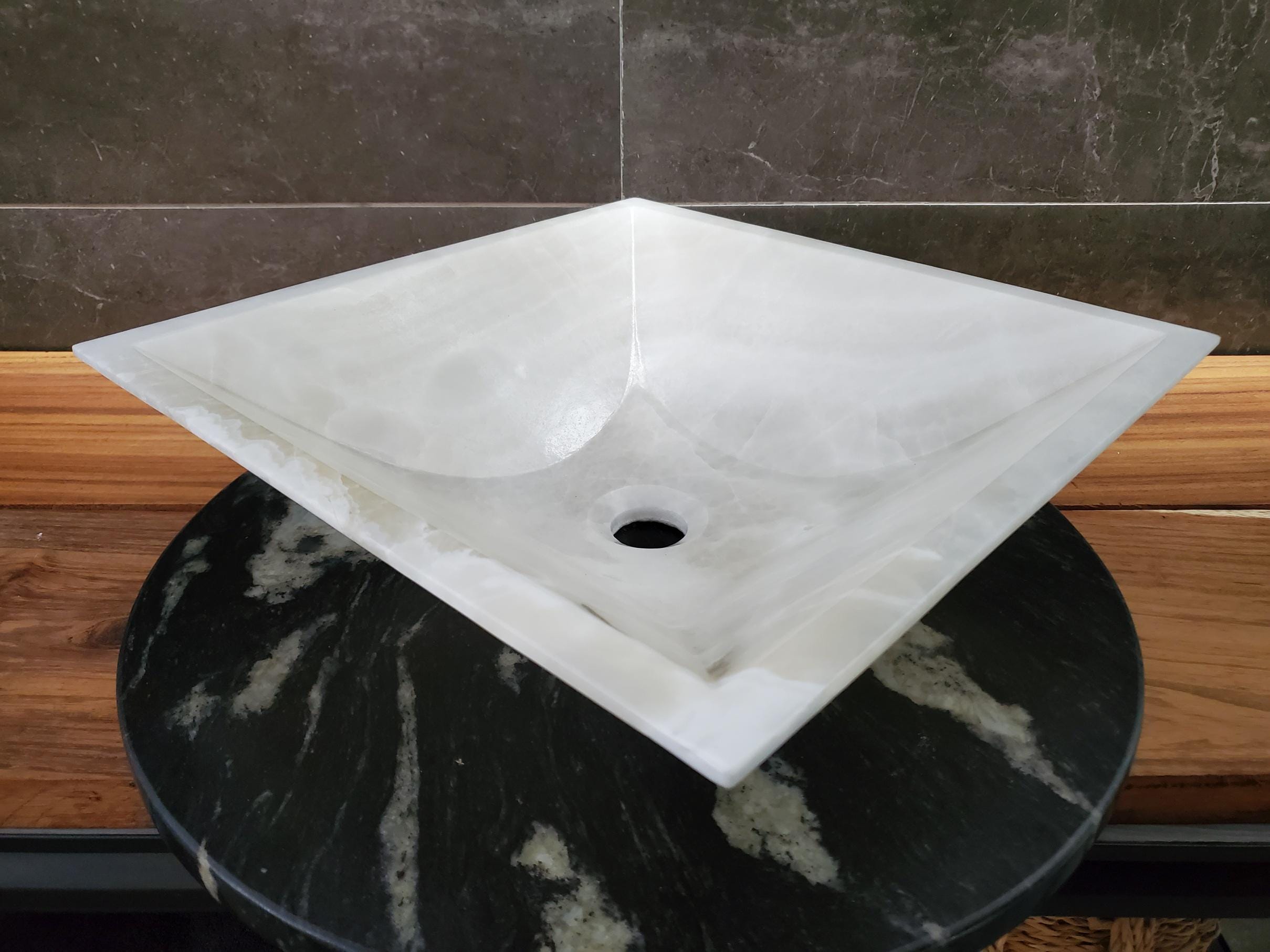 White Onyx Marble Vessel Sink – Natural Stone Countertop Sink, Polished Vanity Basin, Luxury Spa Bathroom Decor 15.8x15.8 Inch Above Counter sink Bathroom Décor beige tan taupe hand basin bowl handmade powder room Home design trends luxury bathroom Marble Onix Rock modern contemporary natural stone sink plumbing fixture Polished Onyx Sinks Rectangle Vessel Tan Translucent Polish