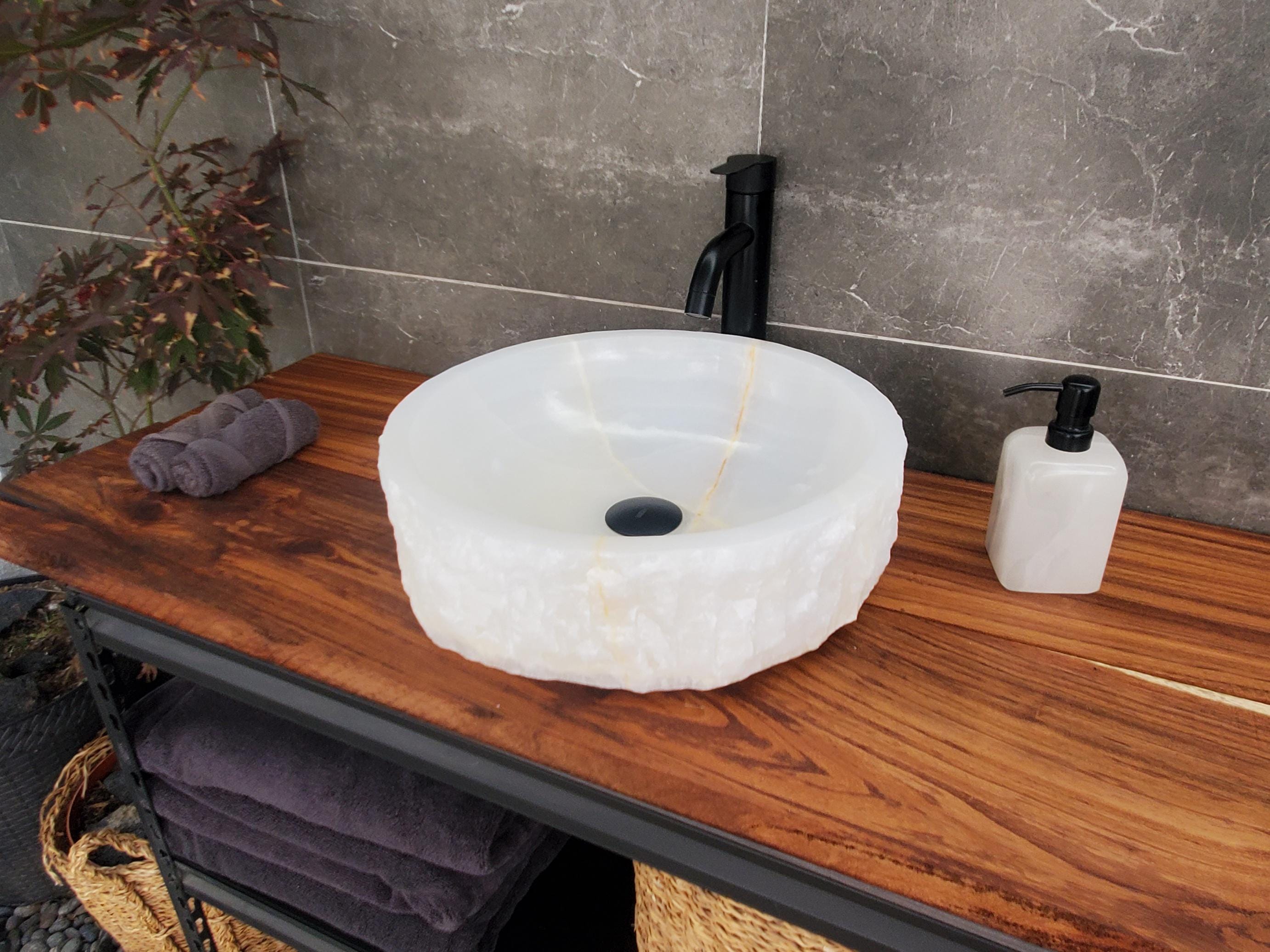 White Onyx Vessel Sink | Natural Stone Bathroom Sink | Live Edge Vanity Basin | Luxury Bathroom Sink | Handmade Onyx Sink 16x16 Inch Above Counter sink Bathroom Décor beige tan taupe hand basin bowl handmade powder room Home design trends luxury bathroom Marble Onix Rock modern contemporary natural stone sink plumbing fixture Rectangle Vessel Tan Rustic Onyx Vessel Sinks Translucent Polish