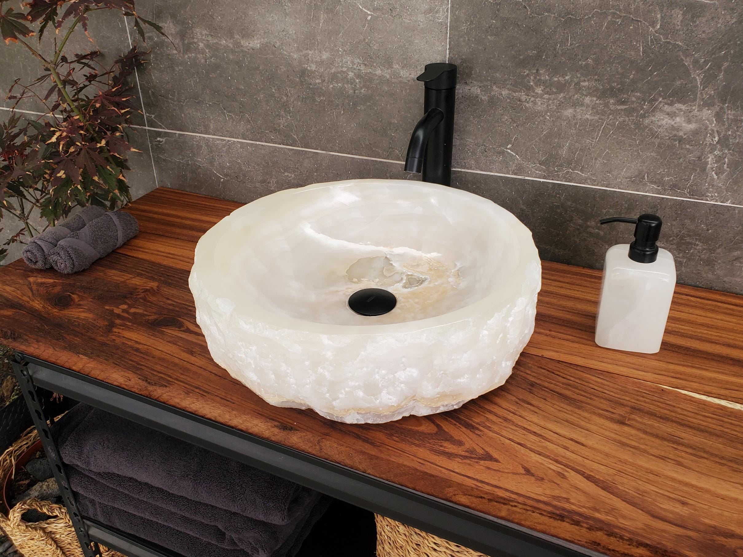 White Onyx Vessel Sink, 16x16 Inch Natural Stone Countertop Basin, Polished Luxury Vanity Sink, Spa Bathroom Decor Above Counter sink Bathroom Décor beige tan taupe hand basin bowl handmade powder room Home design trends luxury bathroom Marble Onix Rock modern contemporary natural stone sink plumbing fixture Rectangle Vessel Tan Rustic Onyx Vessel Sinks Translucent Polish