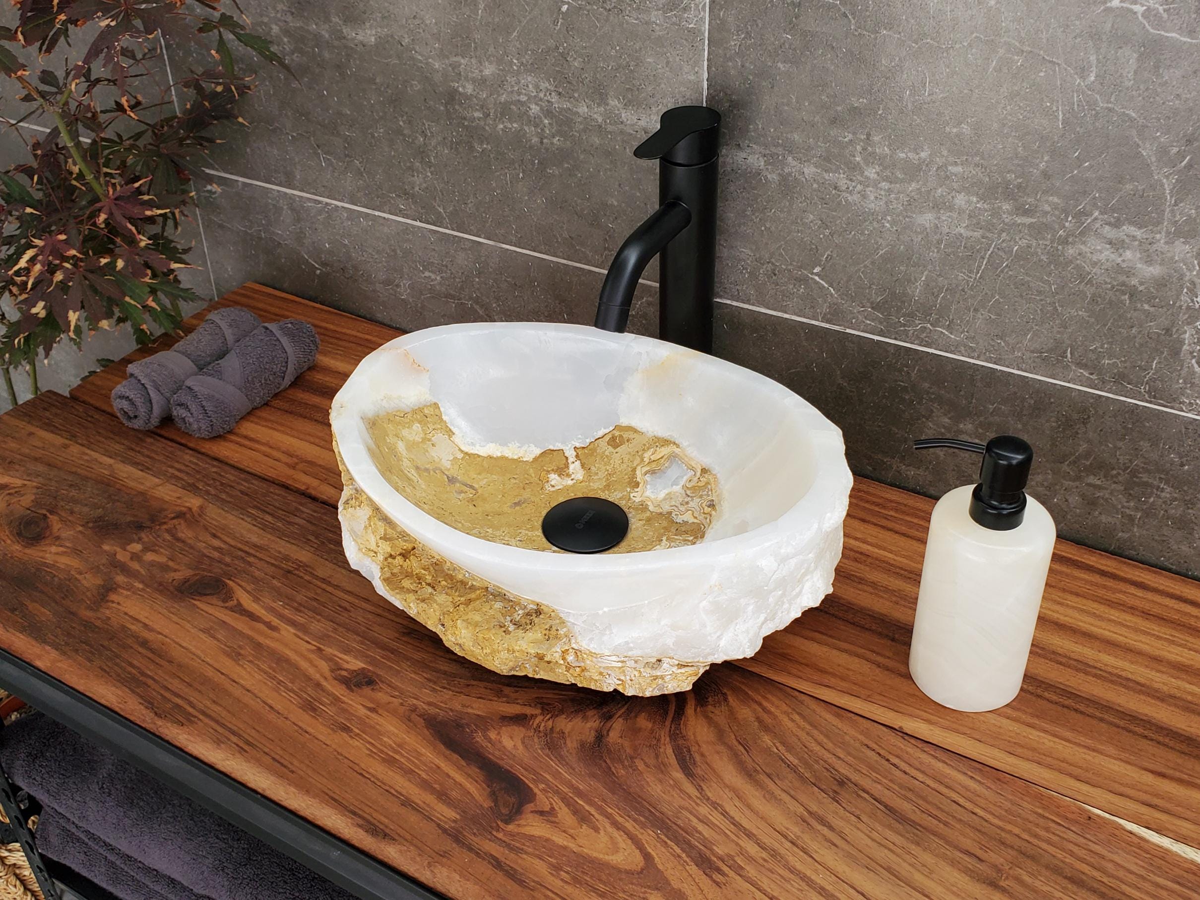 White Onyx Marble Vessel Sink – Oval Natural Stone Countertop Sink, Polished Vanity Basin, Luxury Spa Bathroom Decor 15x11 Inch Above Counter sink Bathroom Décor beige tan taupe hand basin bowl handmade powder room Home design trends luxury bathroom Marble Onix Rock modern contemporary natural stone sink plumbing fixture Rectangle Vessel Tan Rustic Onyx Vessel Sinks Translucent Polish