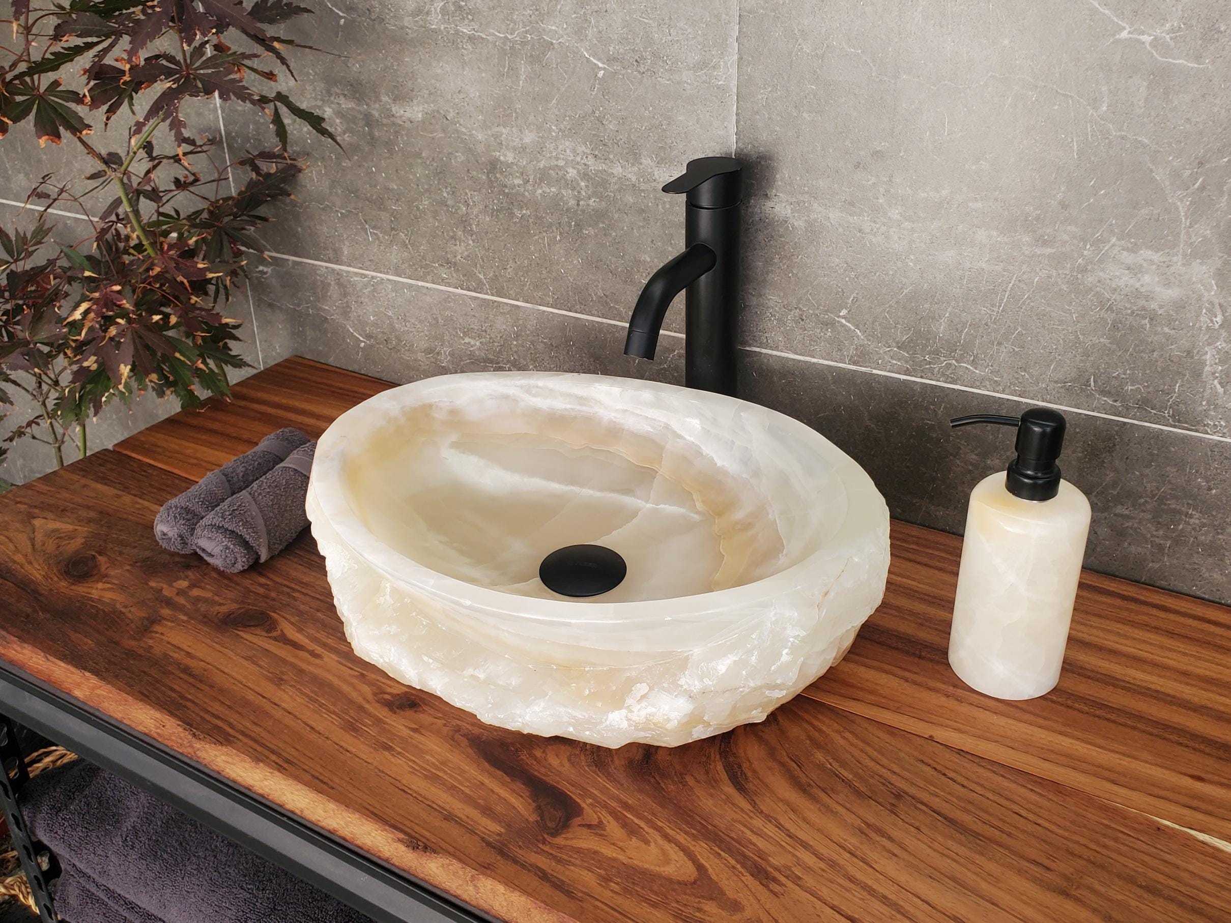 Beige Onyx Vessel Sink, 17x12.5 Inch Natural Stone Countertop Basin, Polished Luxury Vanity Sink, Spa Bathroom Decor Above Counter sink Bathroom Décor beige tan taupe hand basin bowl handmade powder room Home design trends luxury bathroom Marble Onix Rock modern contemporary natural stone sink plumbing fixture Rectangle Vessel Tan Rustic Onyx Vessel Sinks Translucent Polish