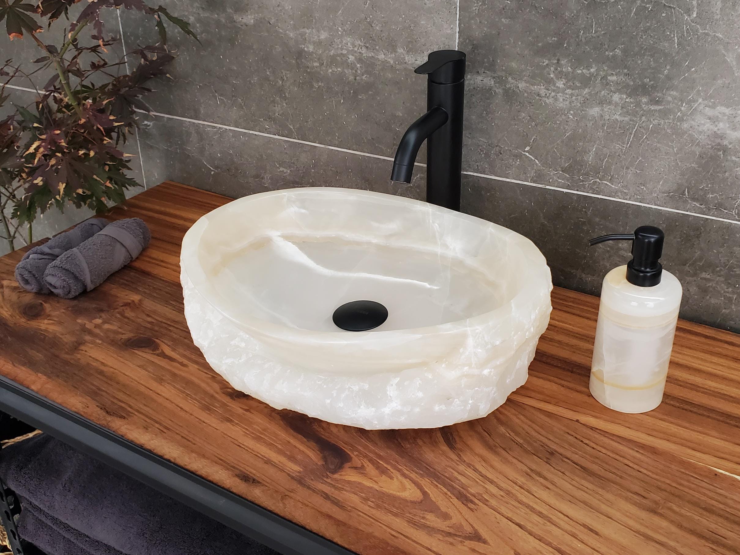 White Onyx Vessel Sink – Oval Natural Stone Countertop Sink, Polished Vanity Basin, Luxury Spa Bathroom Decor 16.5x12.5 Inch Above Counter sink Bathroom Décor beige tan taupe hand basin bowl handmade powder room Home design trends luxury bathroom Marble Onix Rock modern contemporary natural stone sink plumbing fixture Rectangle Vessel Tan Rustic Onyx Vessel Sinks Translucent Polish