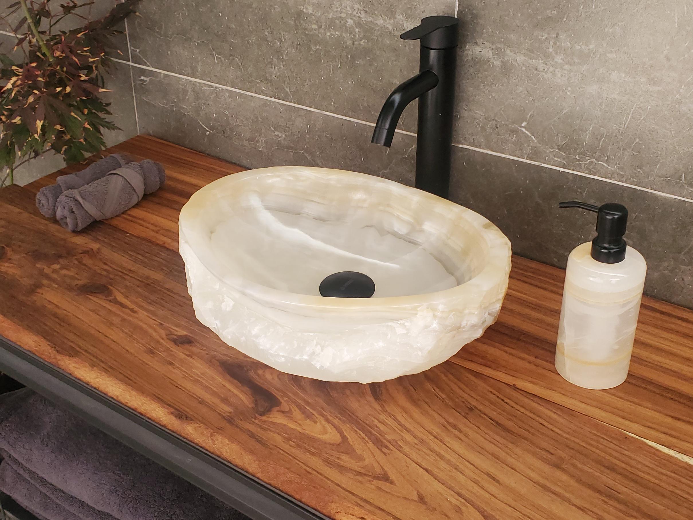 Cream Onyx Vessel Sink, 15x11.5 Inch Natural Stone Countertop Basin, Polished Luxury Vanity Sink, Spa Bathroom Decor Above Counter sink Bathroom Décor beige tan taupe hand basin bowl handmade powder room Home design trends luxury bathroom Marble Onix Rock modern contemporary natural stone sink plumbing fixture Rectangle Vessel Tan Rustic Onyx Vessel Sinks Translucent Polish