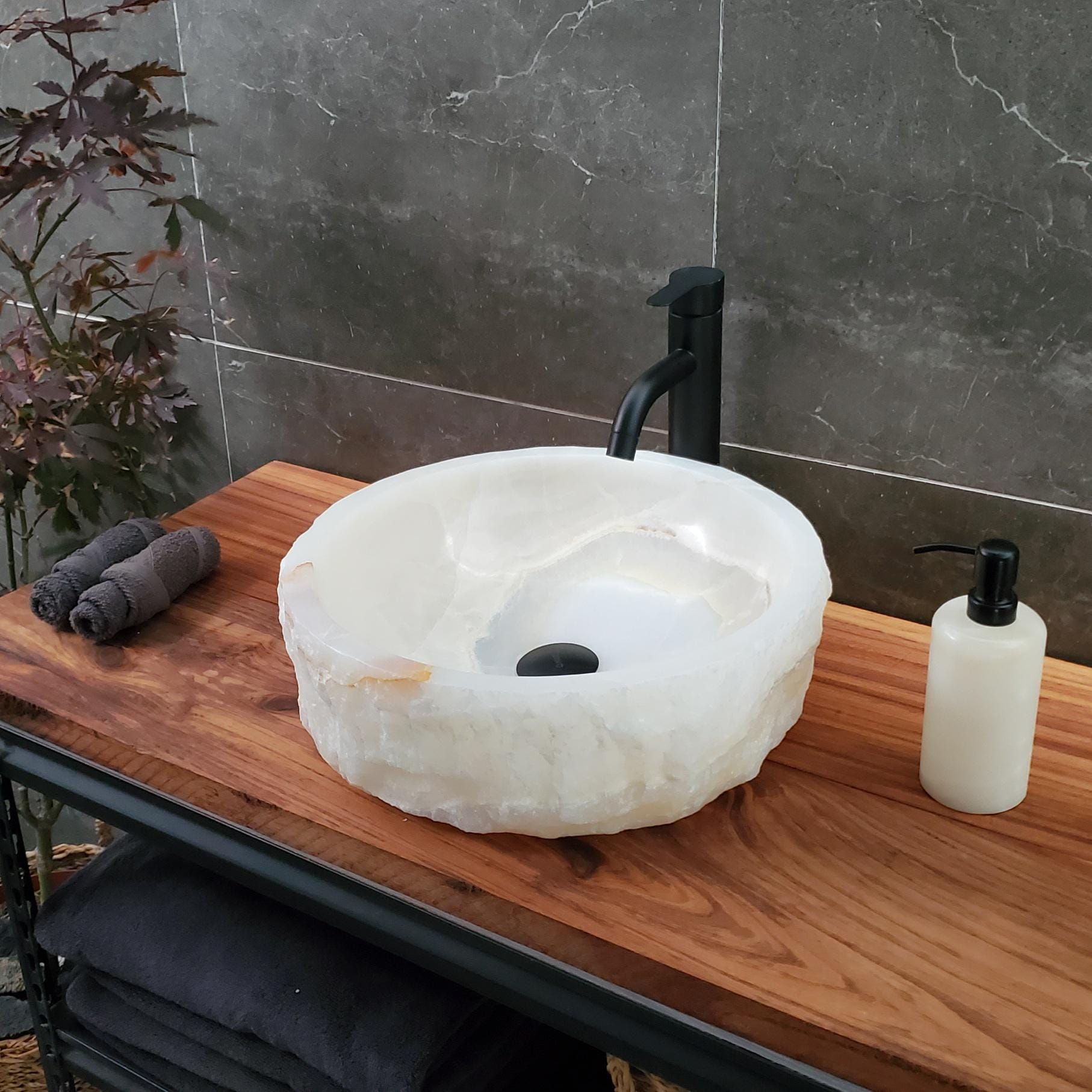 White Onyx Marble Vessel Sink, Natural Stone Vanity Basin, Polished Bathroom Countertop Sink, Spa Decor 16x16 Inch Above Counter sink Bathroom Décor beige tan taupe hand basin bowl handmade powder room Home design trends luxury bathroom Marble Onix Rock modern contemporary natural stone sink plumbing fixture Rectangle Vessel Tan Rustic Onyx Vessel Sinks Translucent Polish