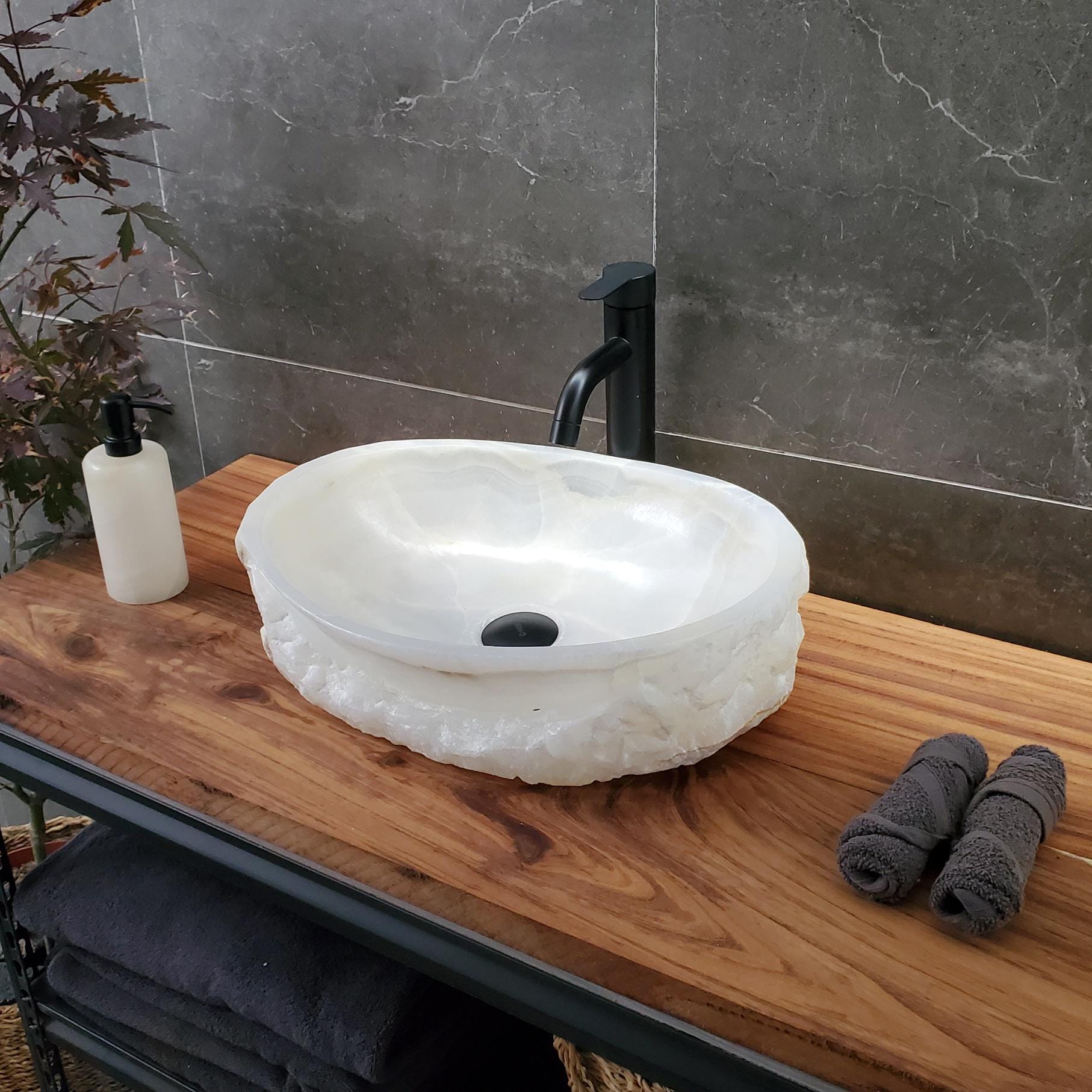 White Onyx Vessel Sink – Oval Natural Stone Countertop Sink, Polished Vanity Basin, Luxury Spa Bathroom Decor 18.5x13.5 Inch Above Counter sink Bathroom Décor beige tan taupe hand basin bowl handmade powder room Home design trends luxury bathroom Marble Onix Rock modern contemporary natural stone sink plumbing fixture Rectangle Vessel Tan Rustic Onyx Vessel Sinks Translucent Polish