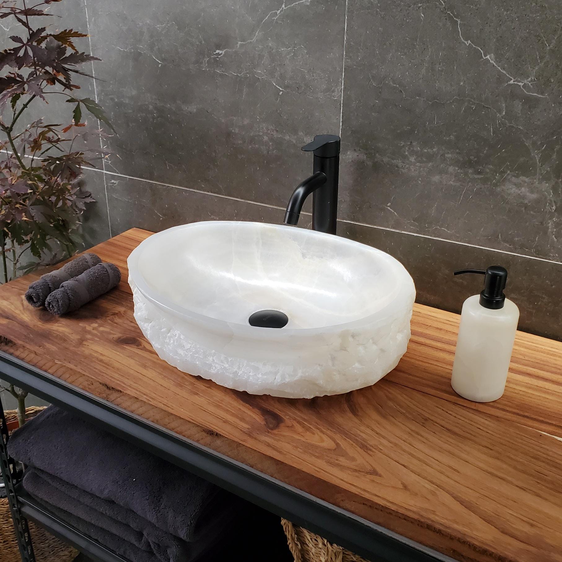 White Onyx Vessel Sink – Oval Natural Stone Countertop Sink, Polished Vanity Basin, Luxury Spa Bathroom Decor 18.5x13.5 Inch Above Counter sink Bathroom Décor beige tan taupe hand basin bowl handmade powder room Home design trends luxury bathroom Marble Onix Rock modern contemporary natural stone sink plumbing fixture Rectangle Vessel Tan Rustic Onyx Vessel Sinks Translucent Polish