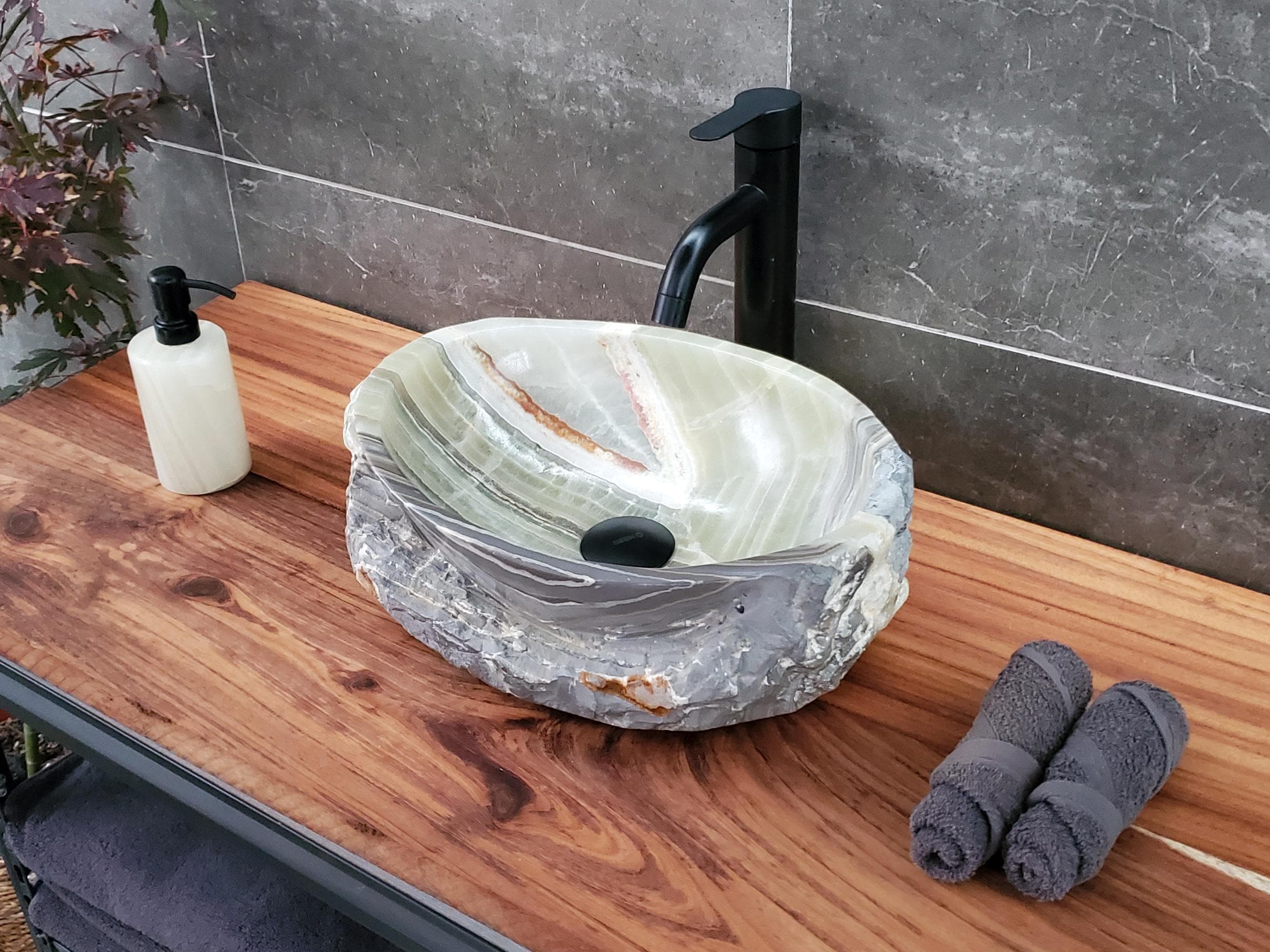 Green Onyx Vessel Sink, 15x11 Inch Natural Stone Countertop Basin, Polished Luxury Vanity Sink, Spa Bathroom Decor Above Counter sink Bathroom Décor beige tan taupe hand basin bowl handmade powder room Home design trends luxury bathroom Marble Onix Rock modern contemporary natural stone sink plumbing fixture Rectangle Vessel Tan Rustic Onyx Vessel Sinks Translucent Polish