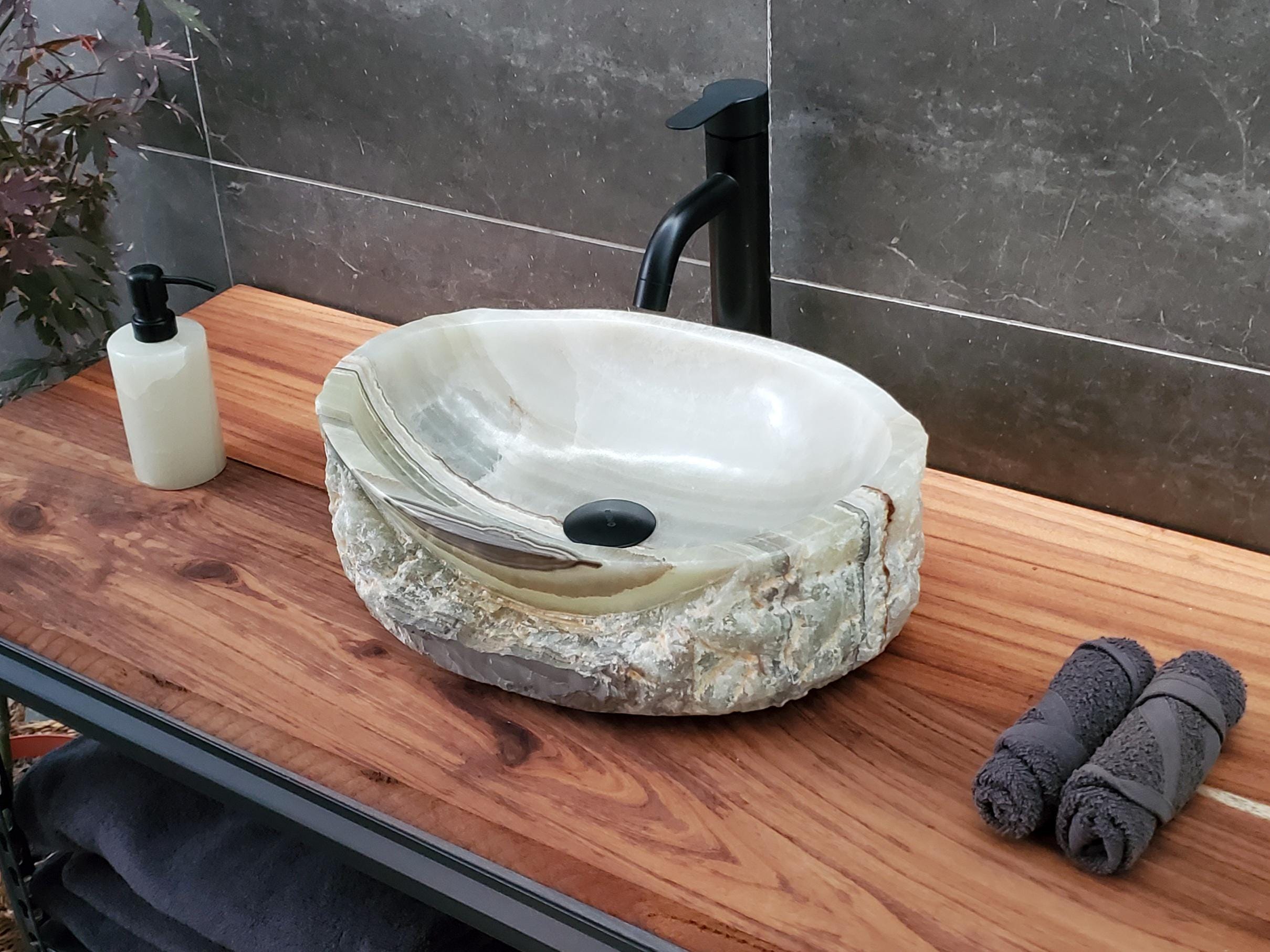 Green Onyx Marble Vessel Sink, 16.5x12.5 Inch Natural Stone Countertop Basin, Polished Luxury Vanity Sink, Spa Bathroom Decor Above Counter sink Bathroom Décor beige tan taupe hand basin bowl handmade powder room Home design trends luxury bathroom Marble Onix Rock modern contemporary natural stone sink plumbing fixture Rectangle Vessel Tan Rustic Onyx Vessel Sinks Translucent Polish
