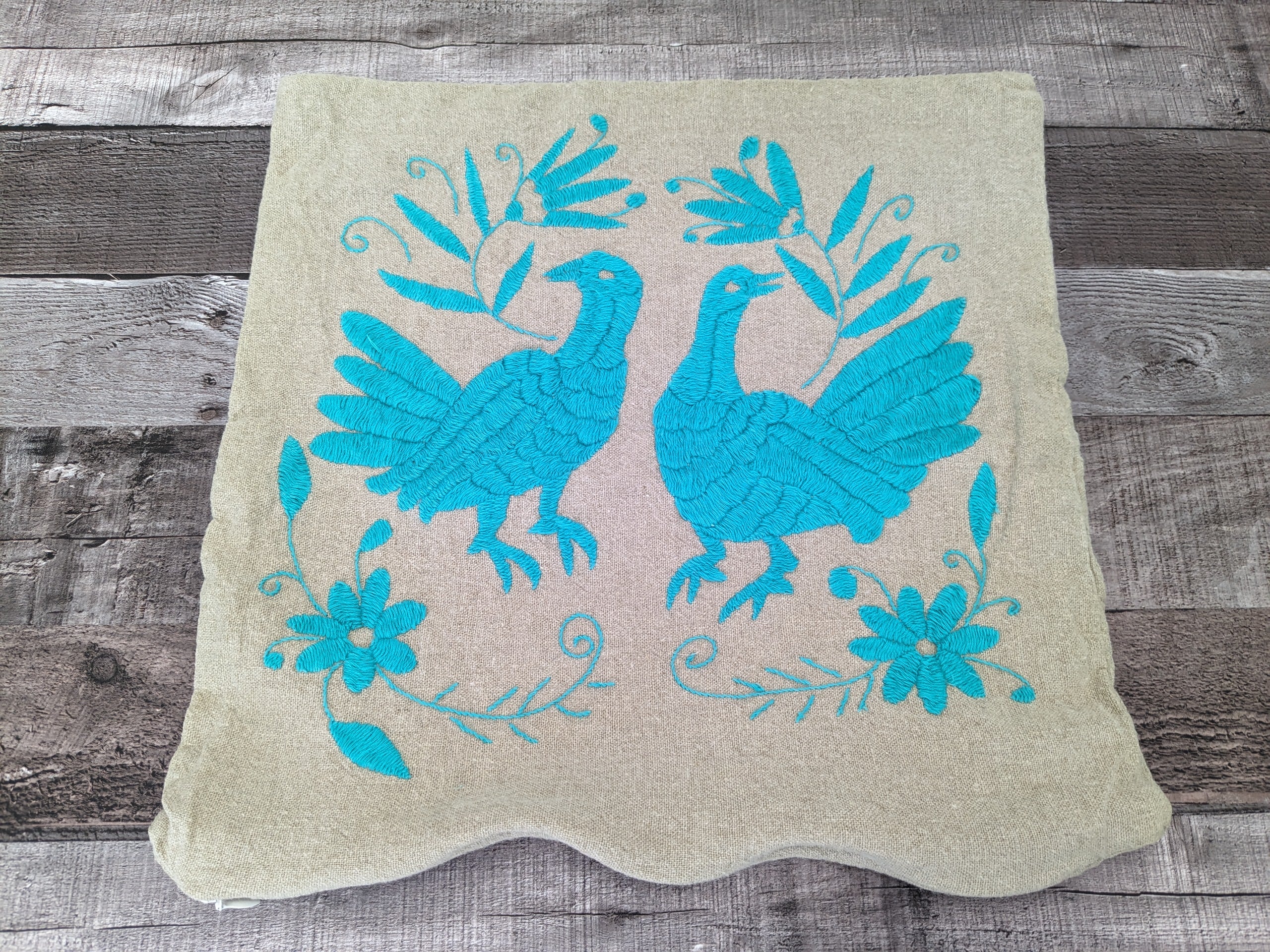 Gray and Teal Linen Otomi Tenango Pillow Cover Decor Home Pillow Covers