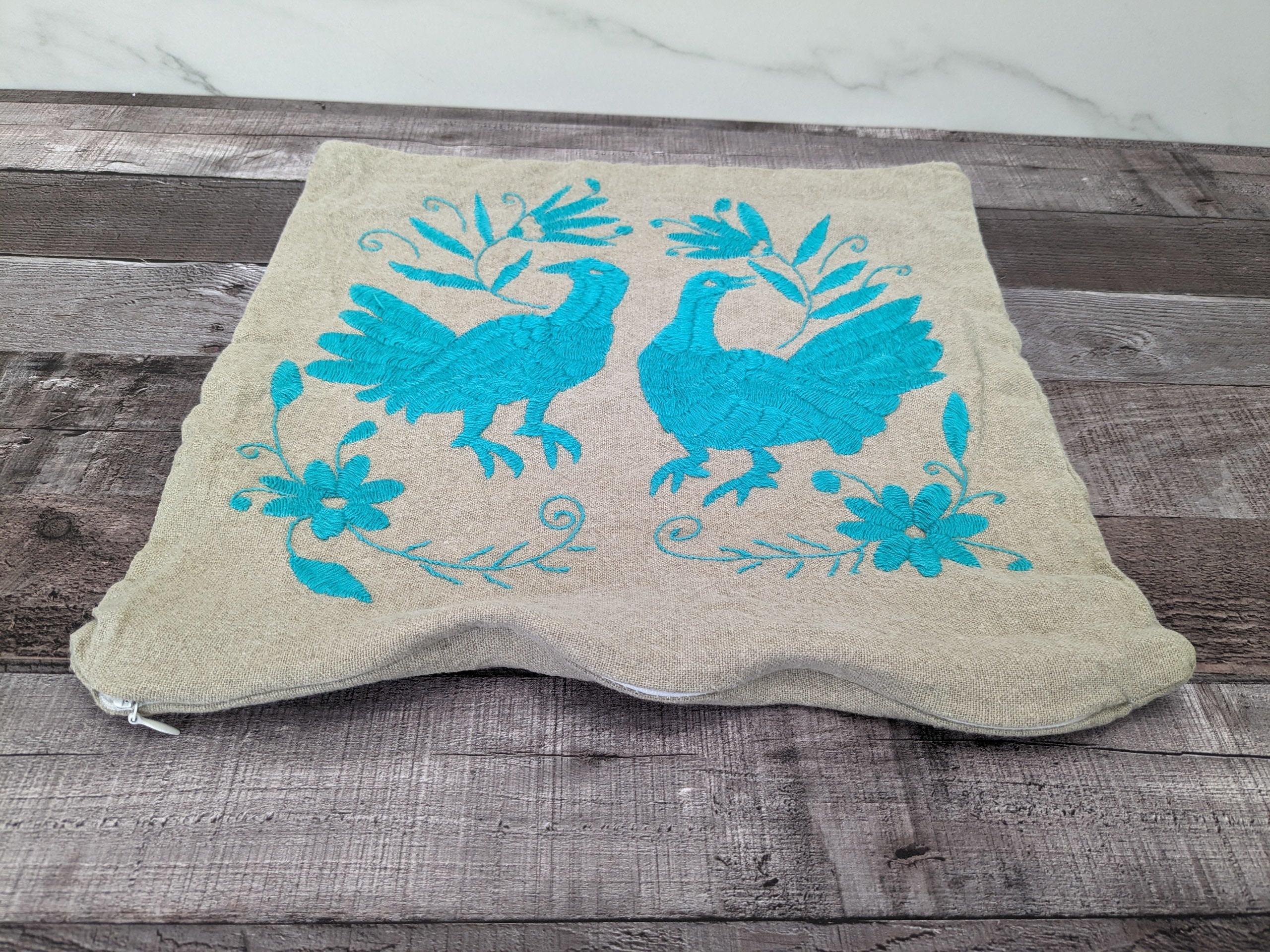 Gray and Teal Linen Otomi Tenango Pillow Cover Decor Home Pillow Covers