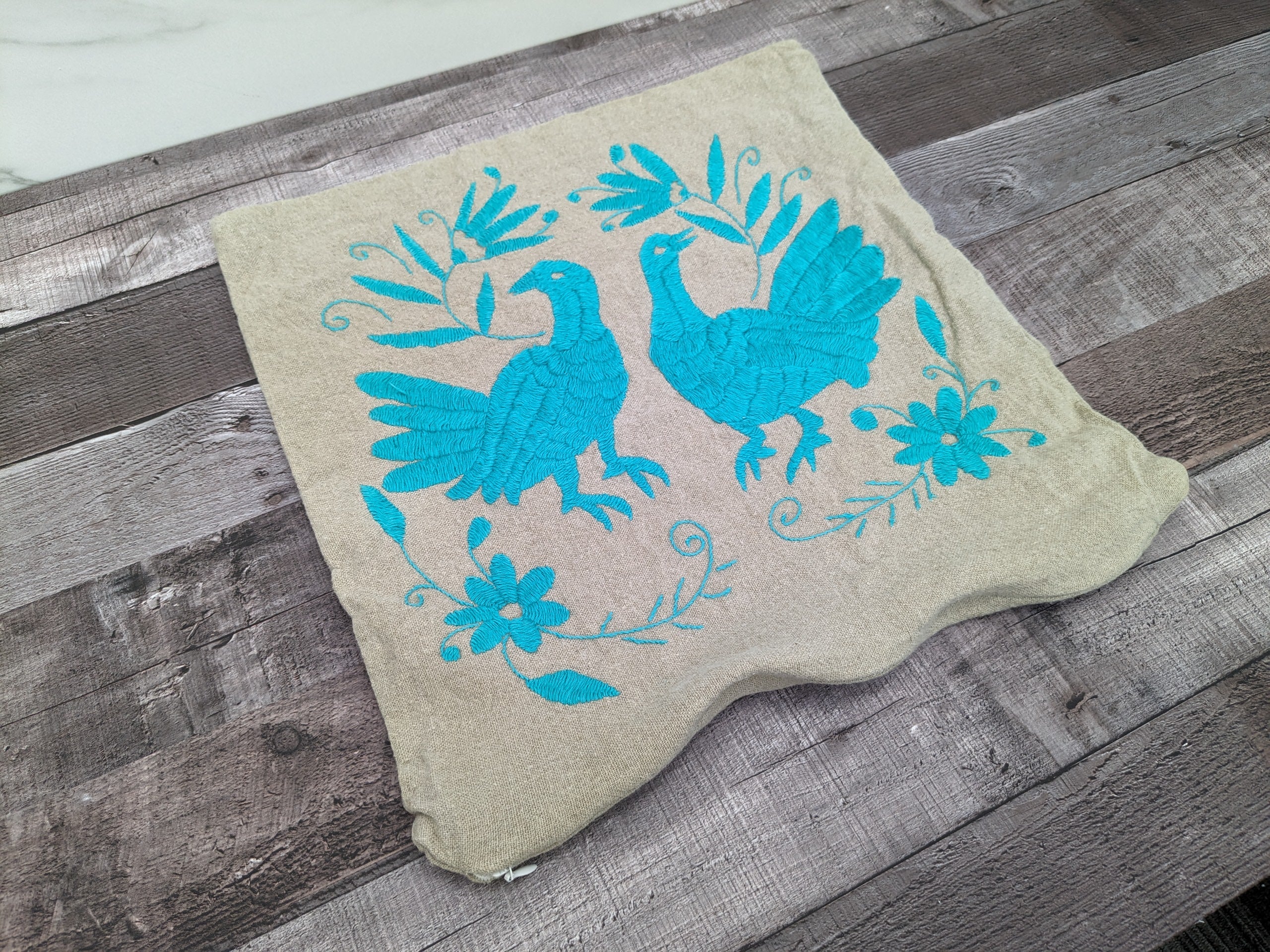 Gray and Teal Linen Otomi Tenango Pillow Cover Decor Home Pillow Covers