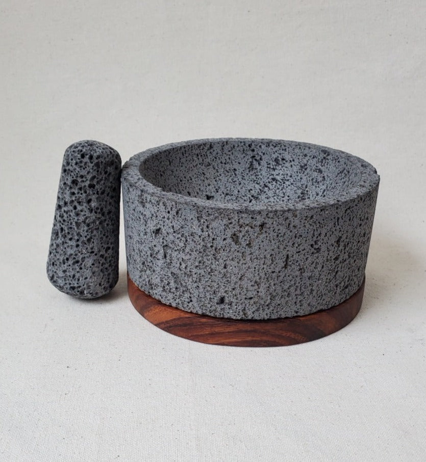 Wood Base Bowl & Pestle - Lava Stone - 8 Inch Molcajete Accessories Kitchen & Dining Molcajete