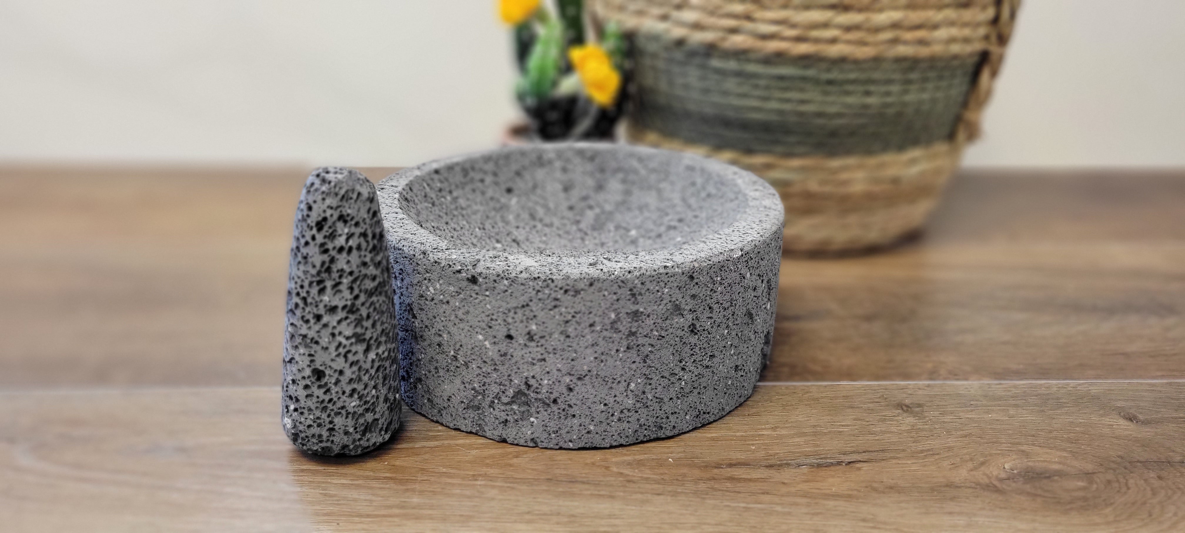 8 Inch Molcajete Bowl with Pestle made of Basalt Lava Rock. Handmade in Mexico. We hand finish, package, and ship from the USA. Buy now at www.felipeandgrace.com.