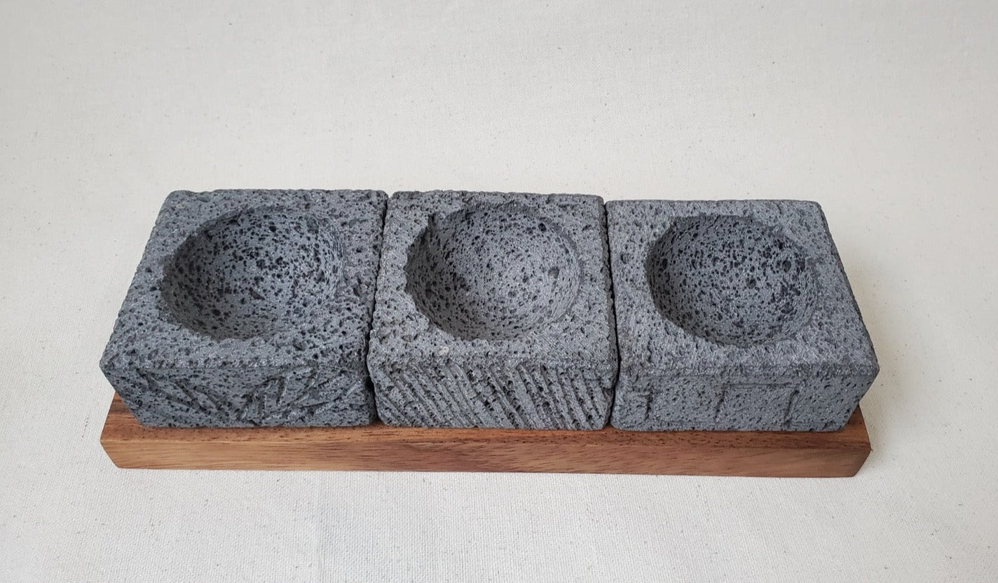 Triplet Wood Base Bowls - Lava Stone - ? Inch Molcajete Accessories Kitchen & Dining Molcajete