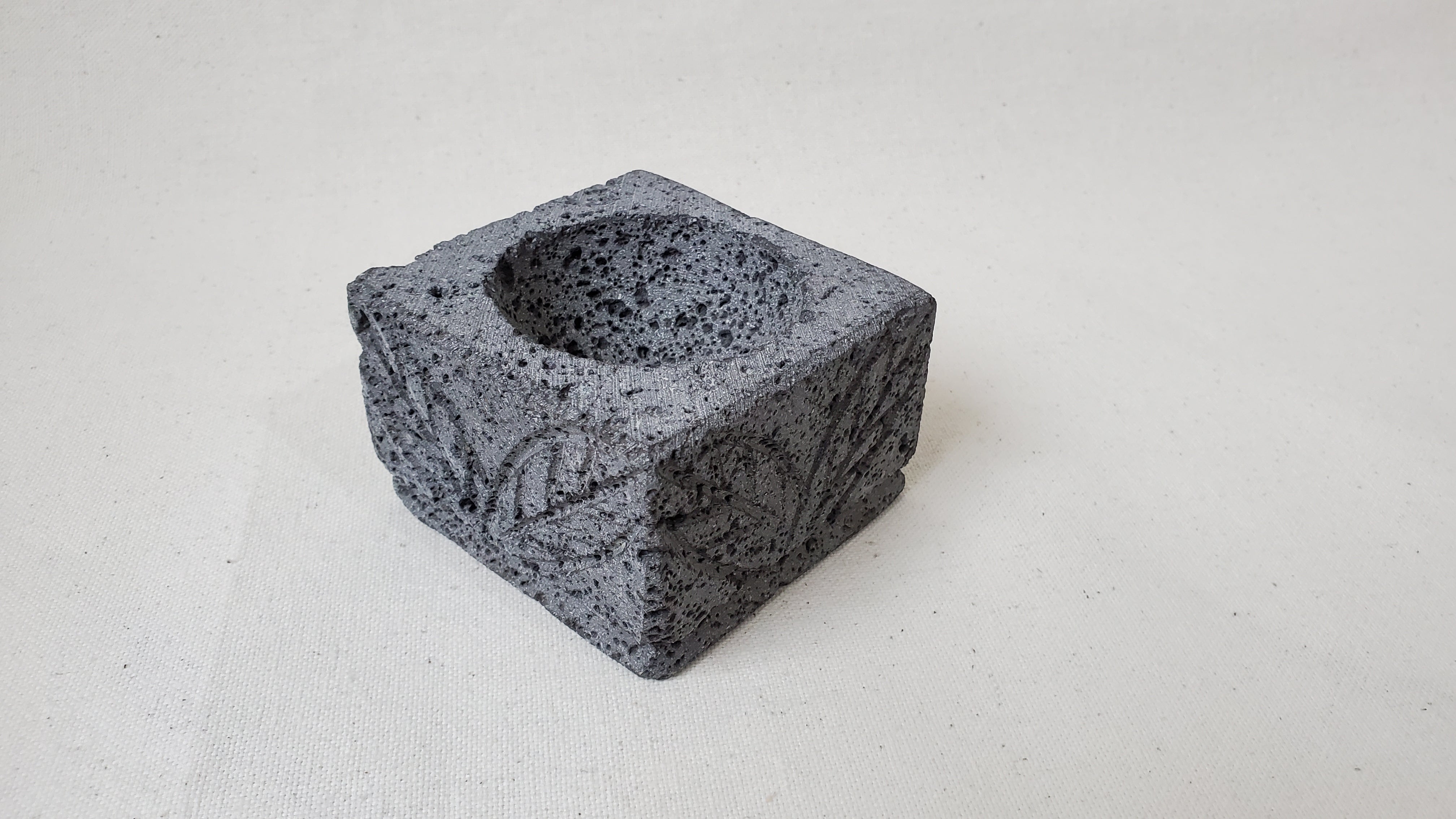 Three Square Serving Bowls on a Rectangle Wooden Base. Made of Basalt Lava Rock Volcanic Stone. Handmade in Mexico using traditional techniques. We hand finish, package, and ship from the USA. Buy now at www.felipeandgrace.com.