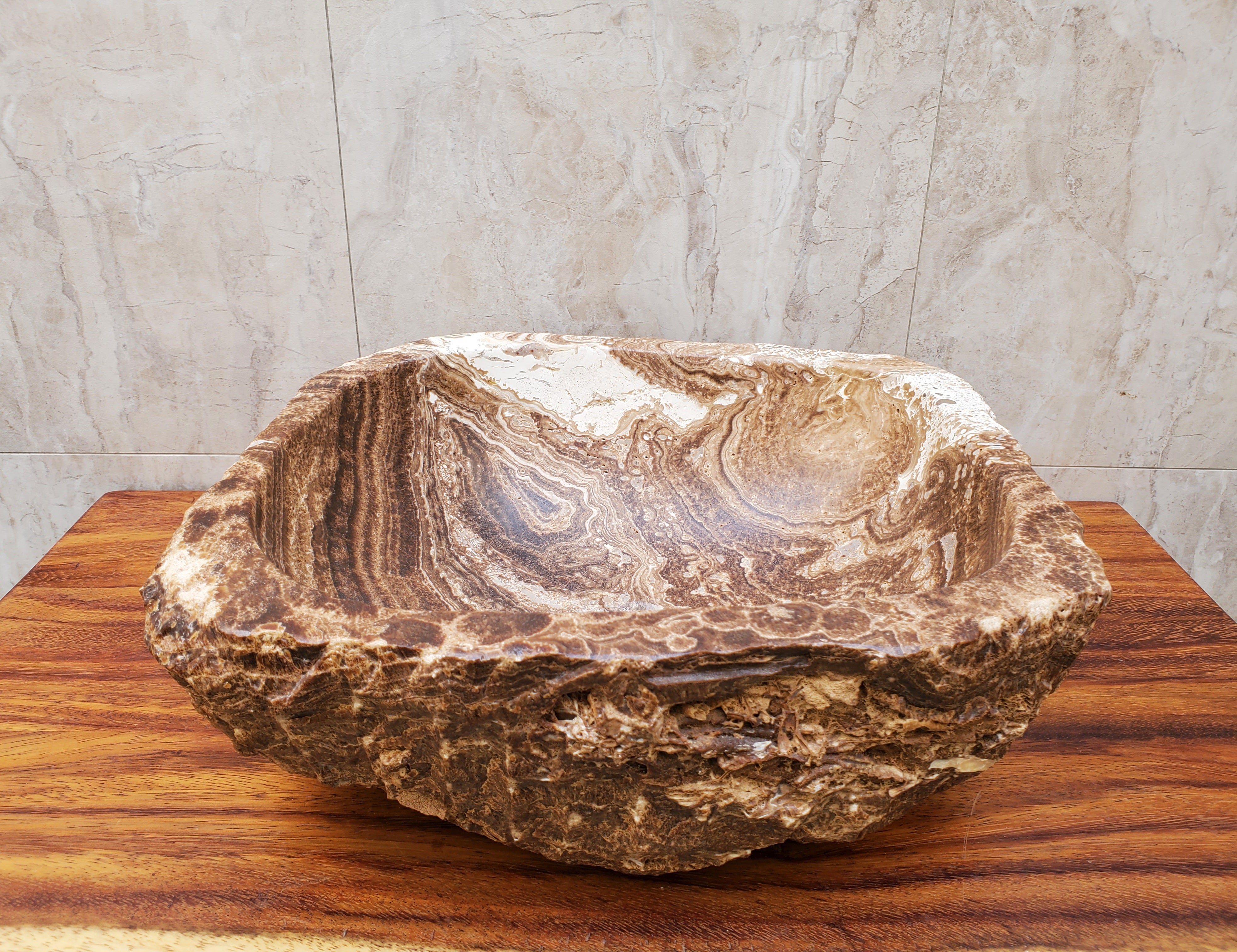 Chocolate and White Onyx Vessel Sink - Square Onyx Sinks Featured Onyx Sinks Sinks