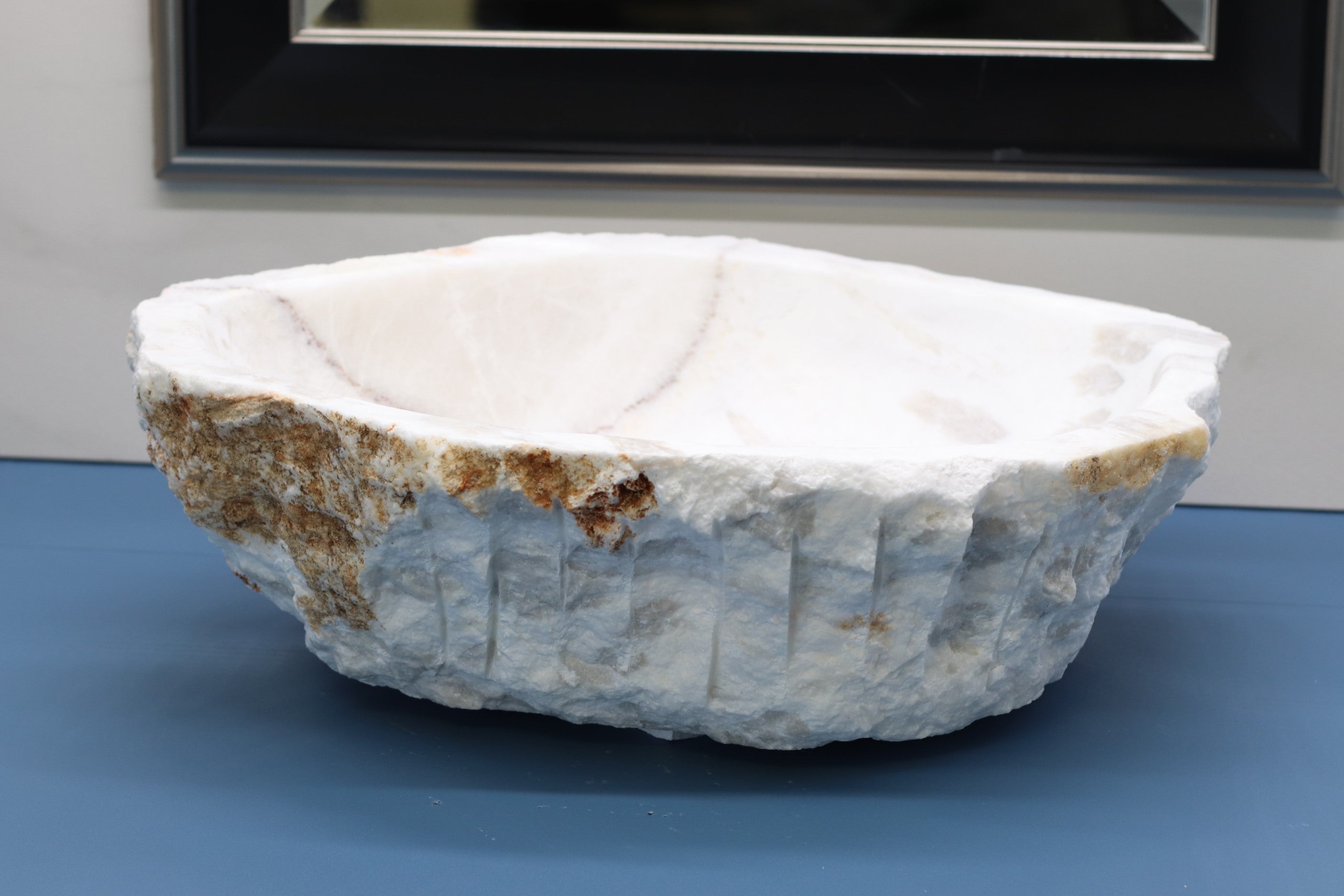 White and Gray Onyx Stone Vessel Sink. Handmade in Mexico. Hand Finished in the USA. Ships from the USA. Beautiful Craftsmanship. Buy now at www.felipeandgrace.com.