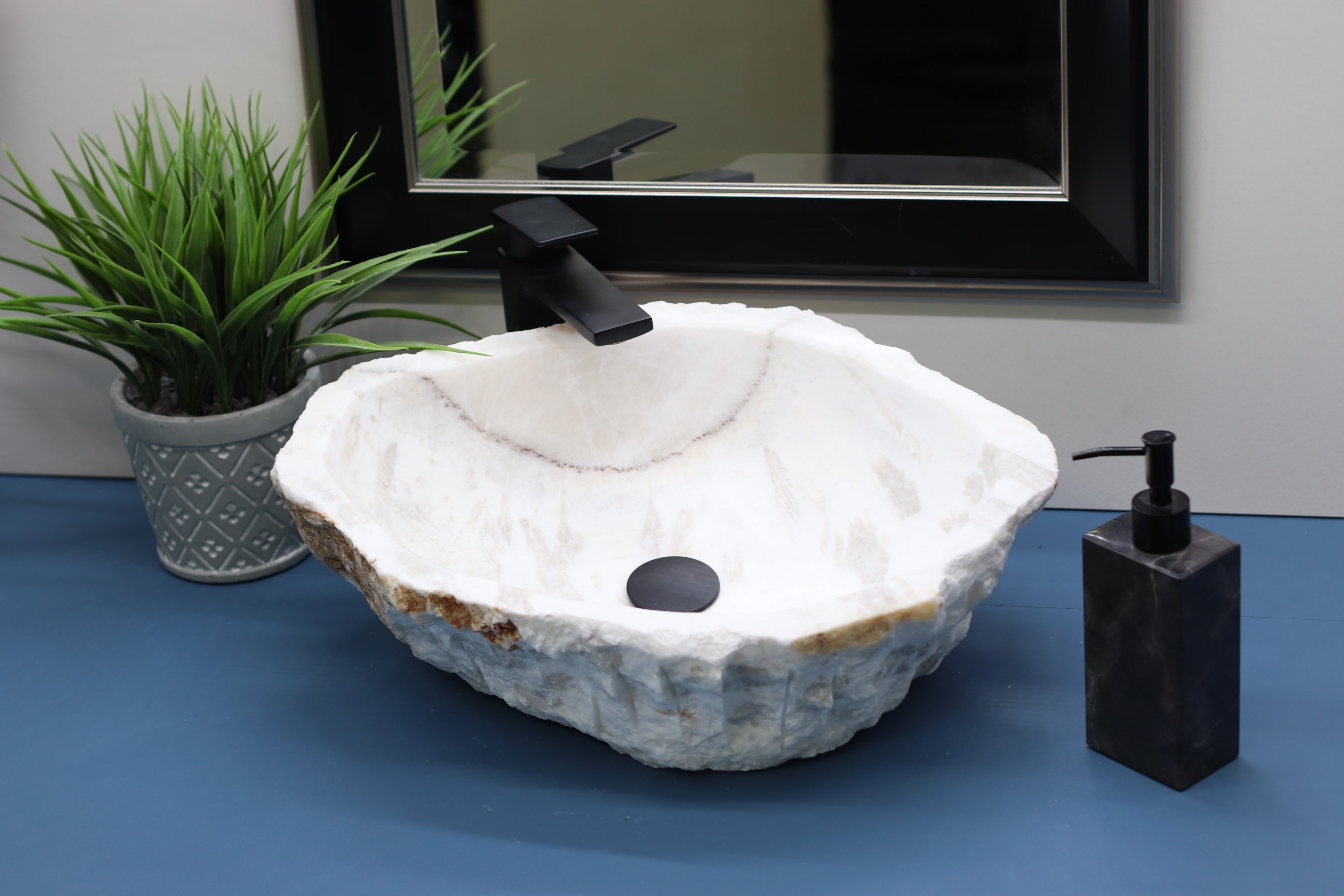 White and Gray Onyx Stone Vessel Sink. Handmade in Mexico. Hand Finished in the USA. Ships from the USA. Beautiful Craftsmanship. Buy now at www.felipeandgrace.com.