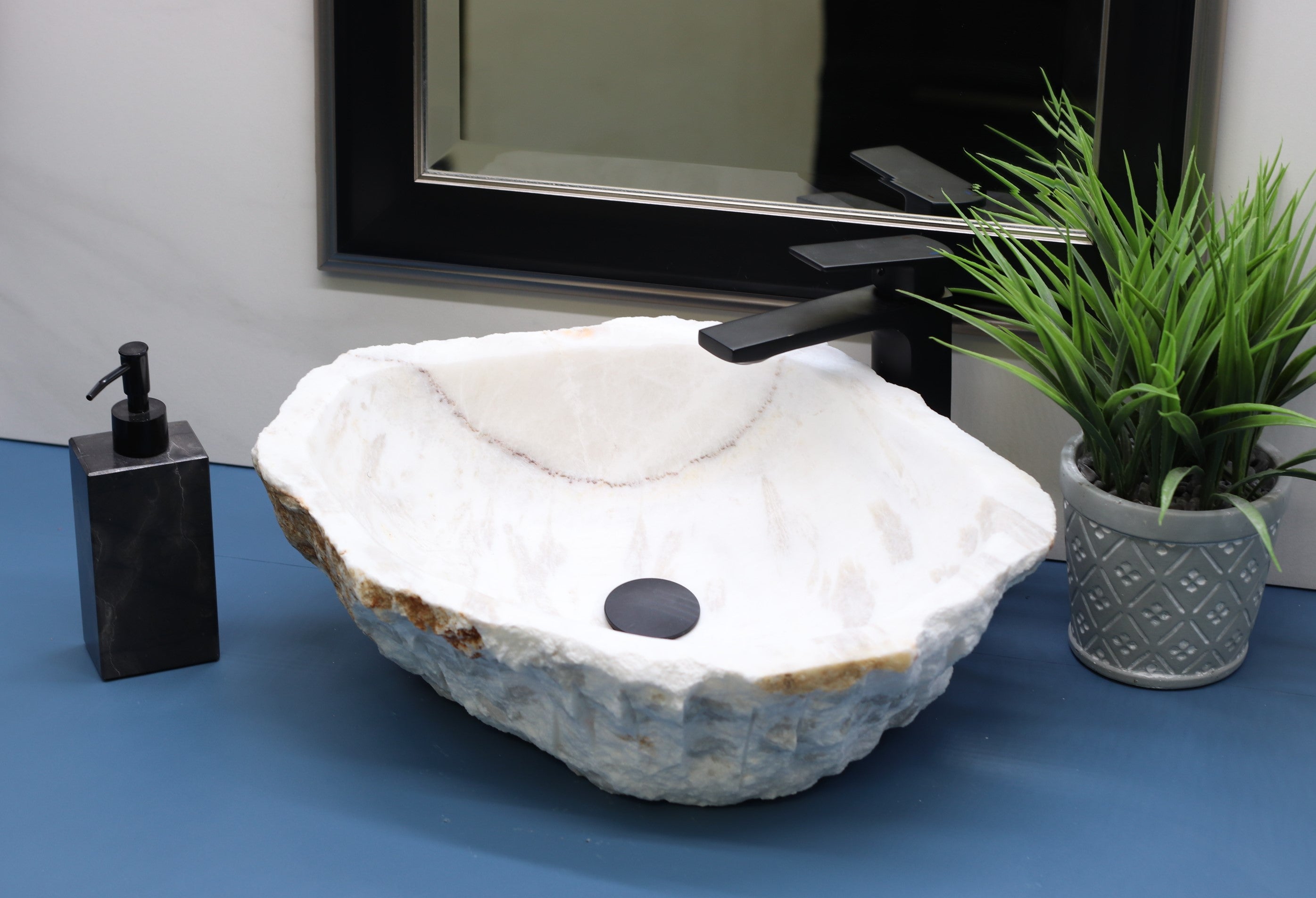 White and Gray Onyx Stone Vessel Sink. Handmade in Mexico. Hand Finished in the USA. Ships from the USA. Beautiful Craftsmanship. Buy now at www.felipeandgrace.com.