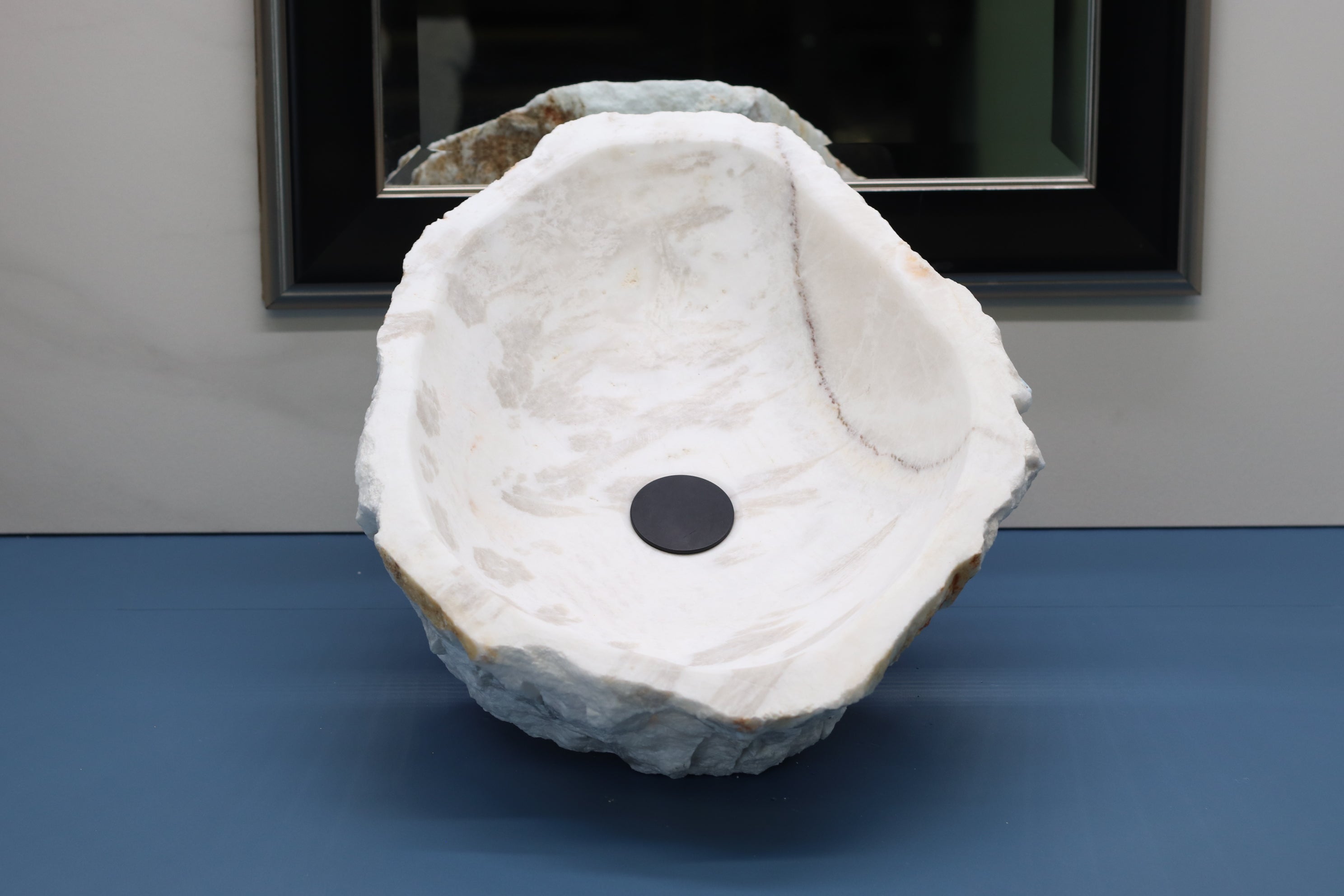 White and Gray Onyx Stone Vessel Sink. Handmade in Mexico. Hand Finished in the USA. Ships from the USA. Beautiful Craftsmanship. Buy now at www.felipeandgrace.com.