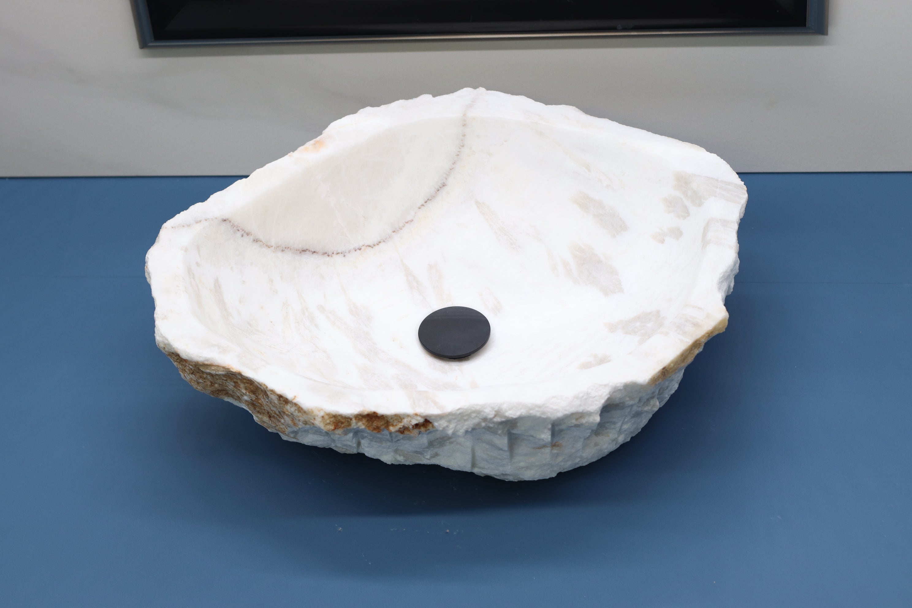 White and Gray Onyx Stone Vessel Sink. Handmade in Mexico. Hand Finished in the USA. Ships from the USA. Beautiful Craftsmanship. Buy now at www.felipeandgrace.com.
