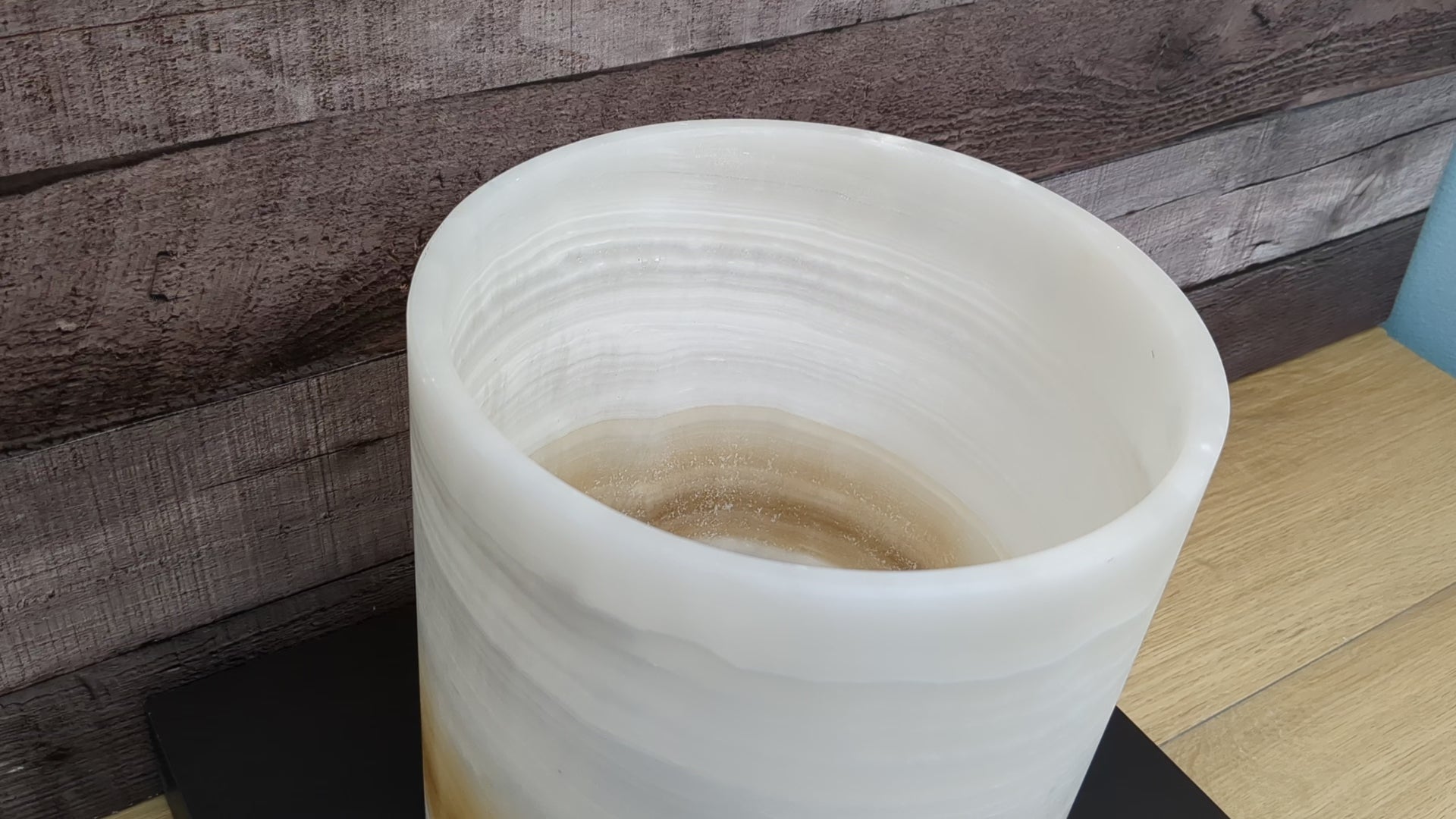 White Onyx Stone Trash Receptacle with Brown Stripe near Bottom. Handmade in Mexico. Ships from the USA. Buy now at www.felipeandgrace.com.