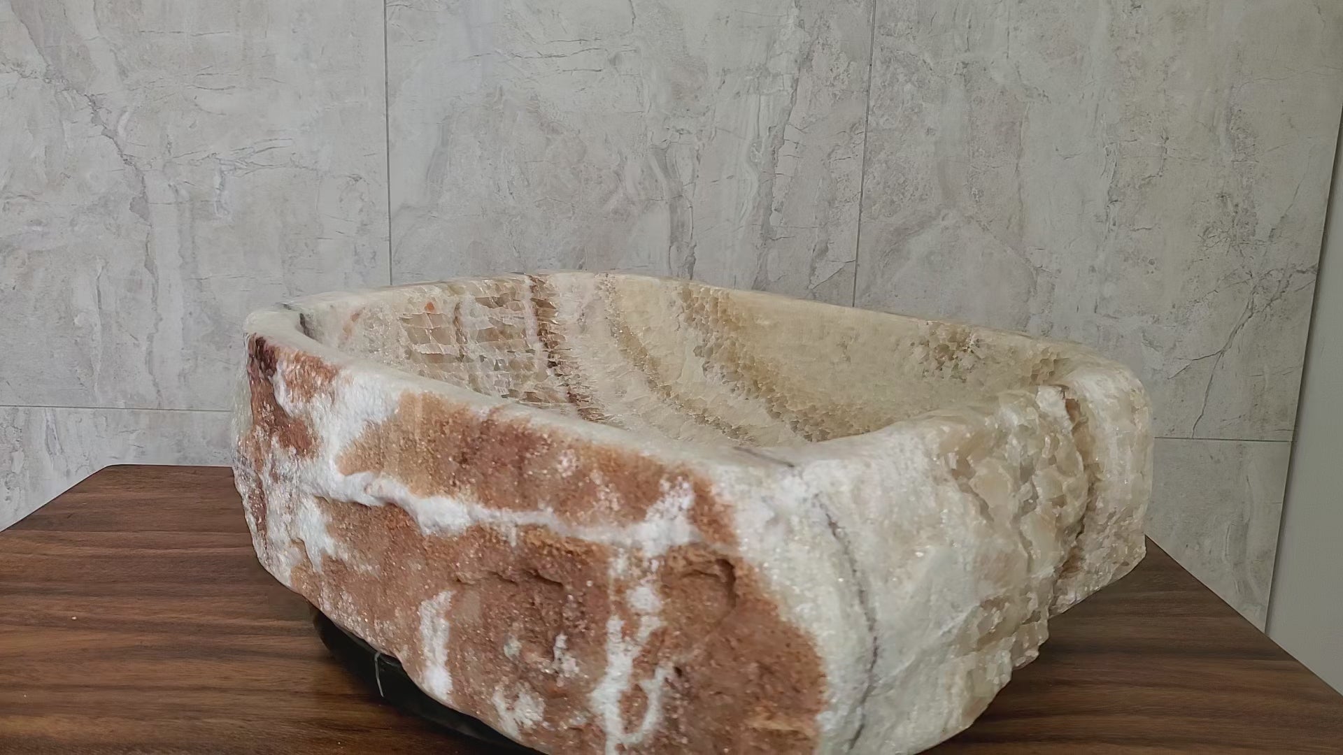 Brown and Tan Onyx Stone Bathroom Vessel Sink. Epoxy Sealant is available with fast shipping. Standard drain size. A beautiful work of rustic art. Handmade. Buy Now at www.felipeandgrace.com