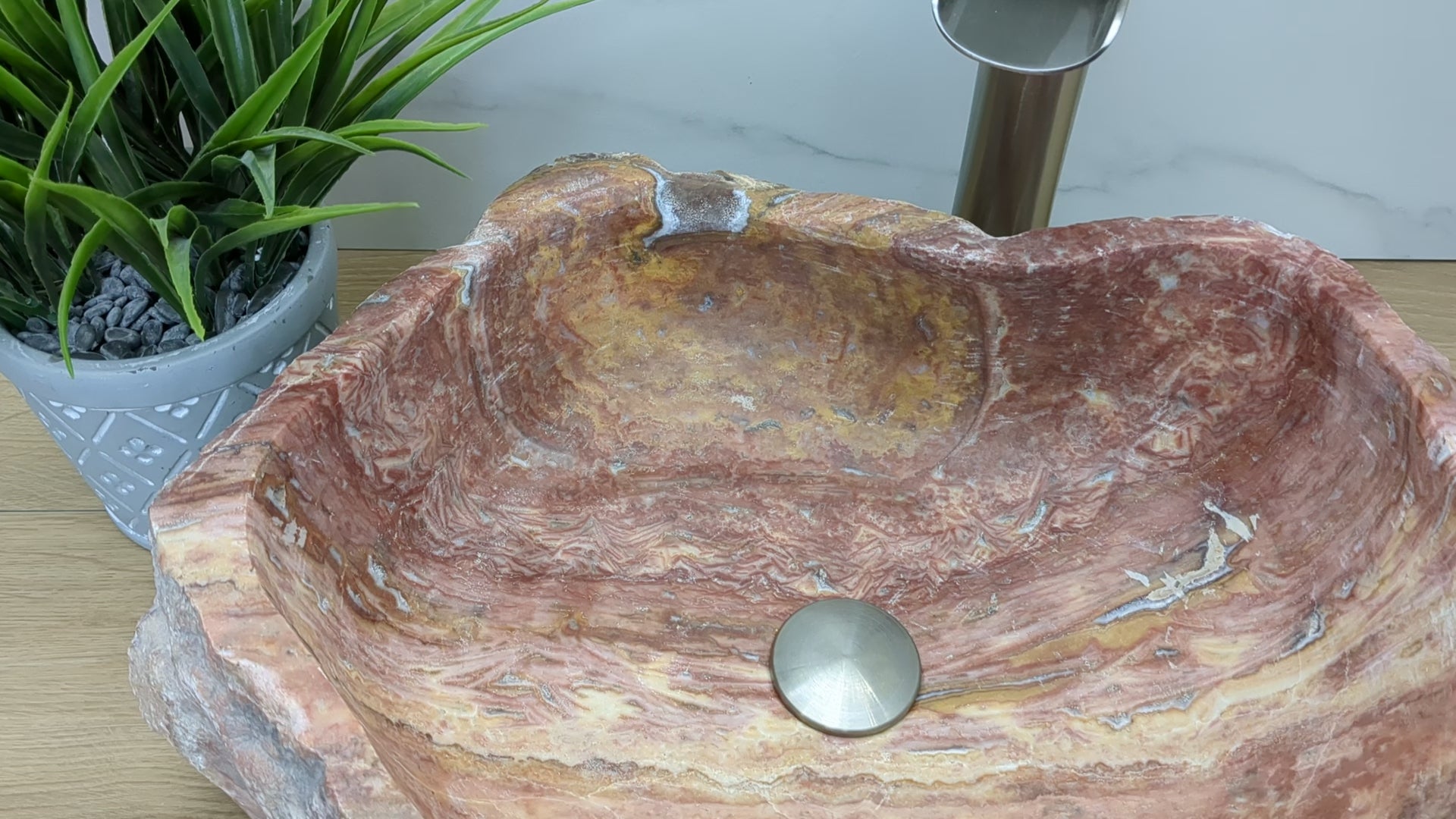 Pink and Tan Onyx Stone Vessel Bathroom Sink. Epoxy Sealant is available with fast shipping. Standard Drain Size. A beautiful work of rustic art. Handmade. Buy Now at www.felipeandgrace.com