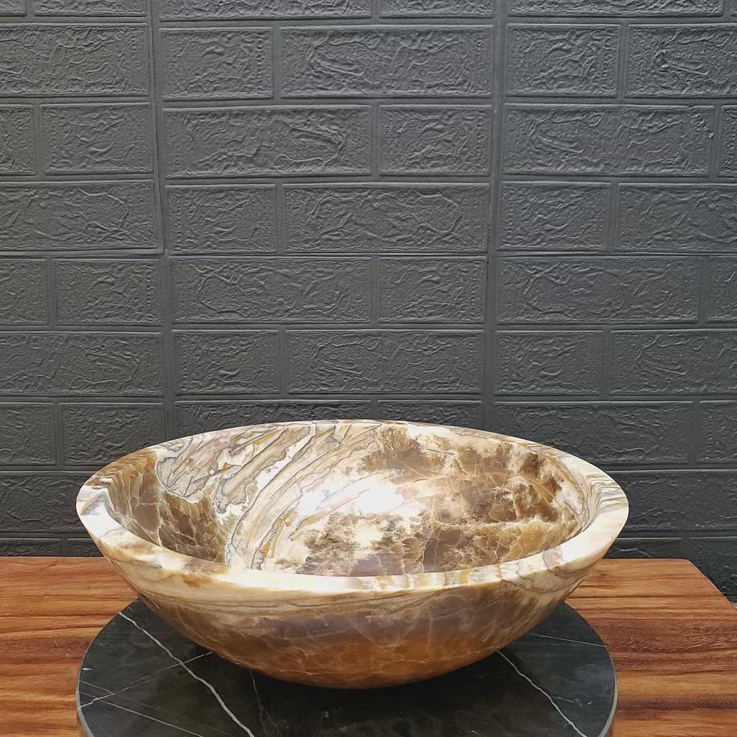 Brown and White Round Onyx Stone Bathroom Vessel Sink, Above Counter Sink, Handmade in Mexico. Hand Finished in USA. Buy now at www.felipeandgrace.com.