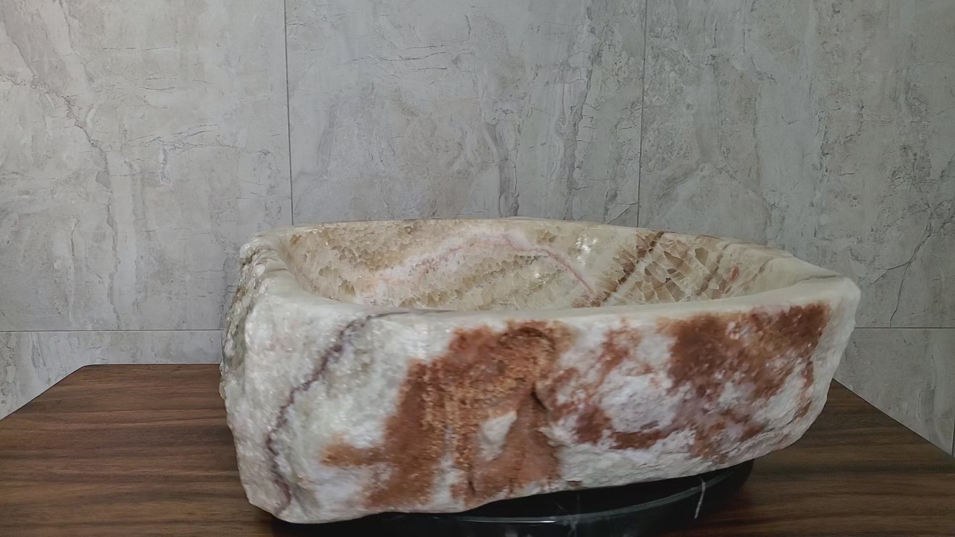 Brown and Tan Onyx Stone Bathroom Vessel Sink. Epoxy Sealant is available with fast shipping. Standard drain size. A beautiful work of rustic art. Handmade. Buy Now at www.felipeandgrace.com