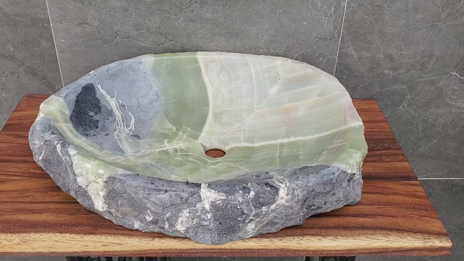 Green and Gray Onyx Stone Vessel Sink. It is one of a kind and a beautiful work of art. Handmade in Mexico. Hand Finished in the USA. Ships from the USA. A beautiful work of art. Buy now at www.felipeandgrace.com.
