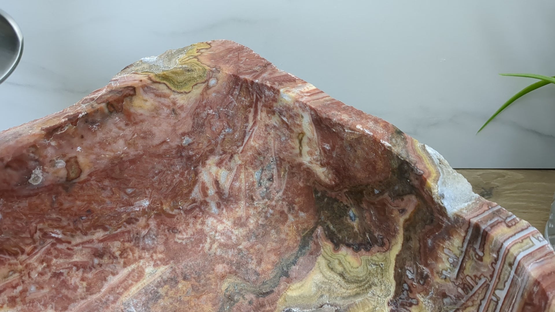 Pink and Tan Onyx Stone Vessel Bathroom Sink. Epoxy Sealant is available with fast shipping. Standard Drain Size. A beautiful work of rustic art. Handmade. Buy Now at www.felipeandgrace.com