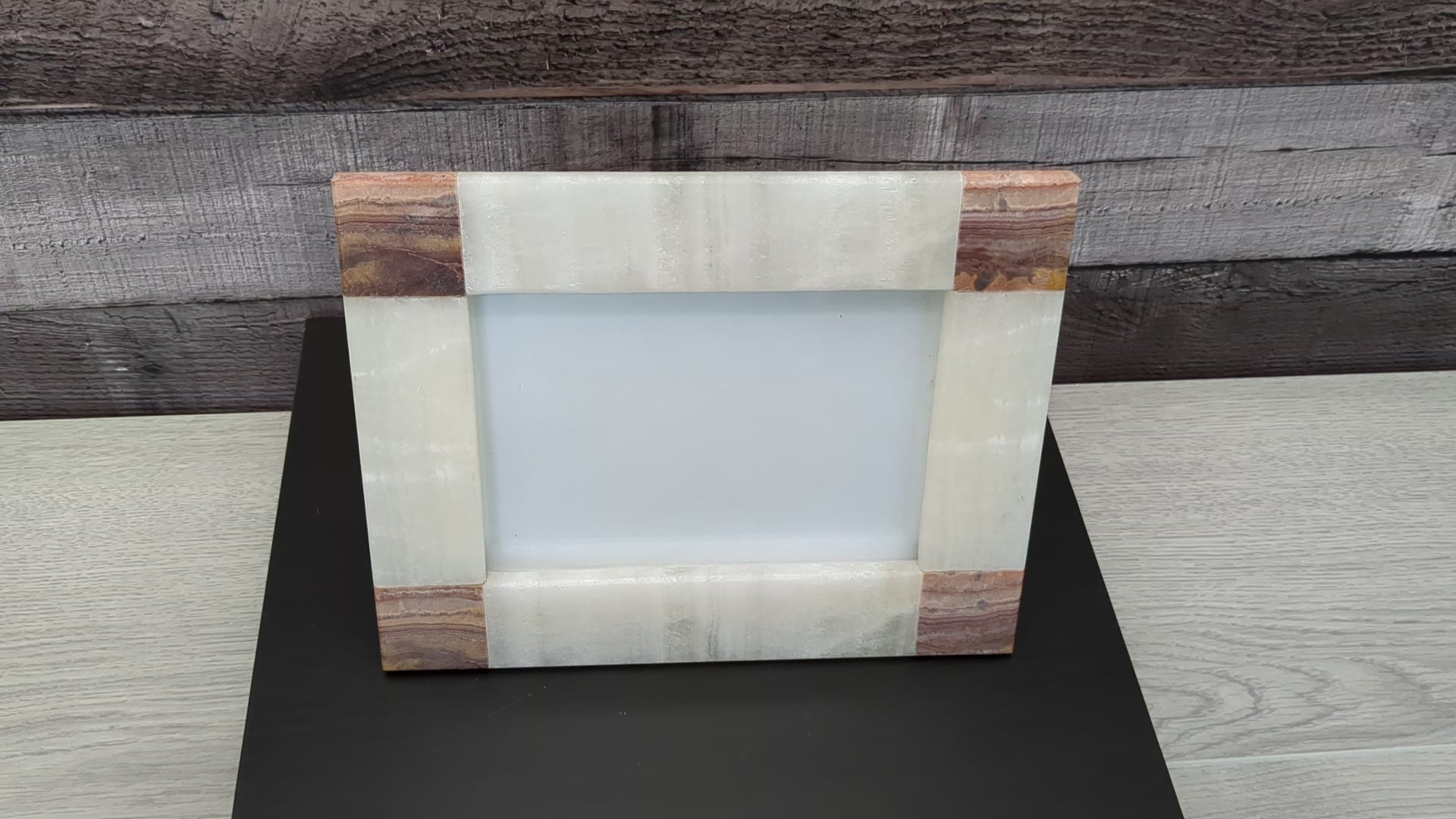 Beige and Brown Onyx and Travertine Stone Rectangle Frame with Glass. Handmade in Mexico. We package and ship from the USA. Buy now at www.felipeandgrace.com.