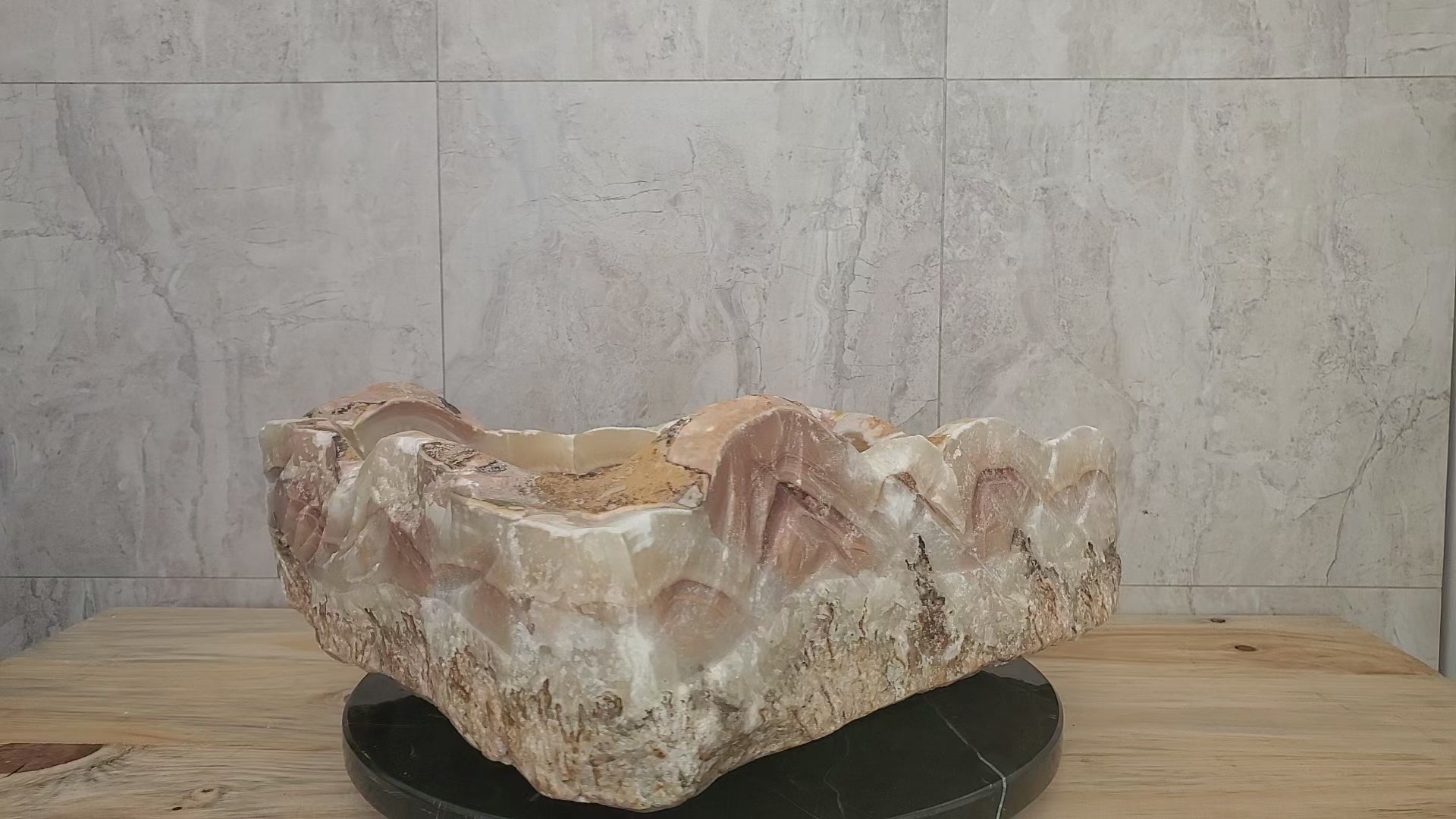 Brown and Tan Onyx Stone Bathroom Vessel Sink. Epoxy Sealant is available with fast shipping. Standard drain size. A beautiful work of rustic art. Handmade. Buy Now at www.felipeandgrace.com