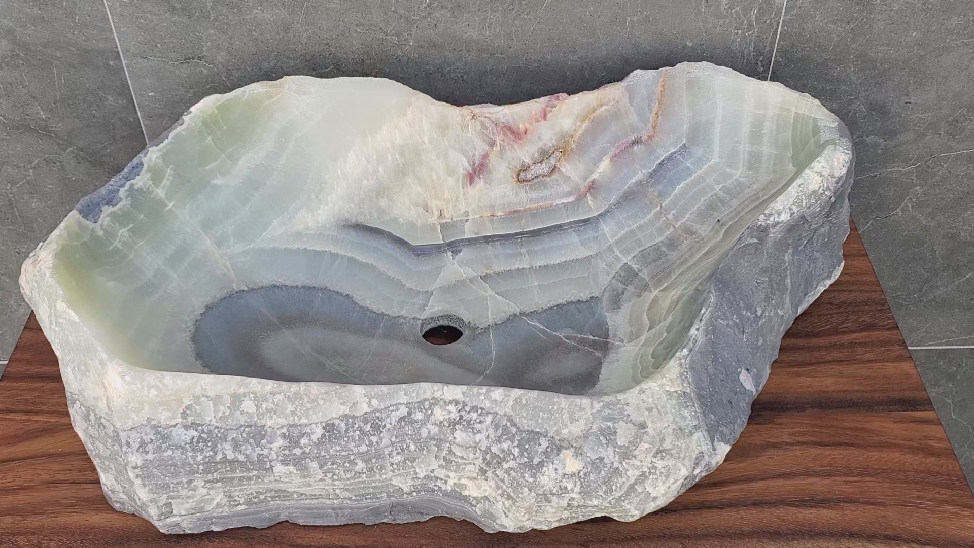 Green Gray Onyx Stone Vessel Sink. Handmade in Mexico. Hand Finished in the USA. Ships from the USA. A beautiful work of art. Buy now at www.felipeandgrace.com.
