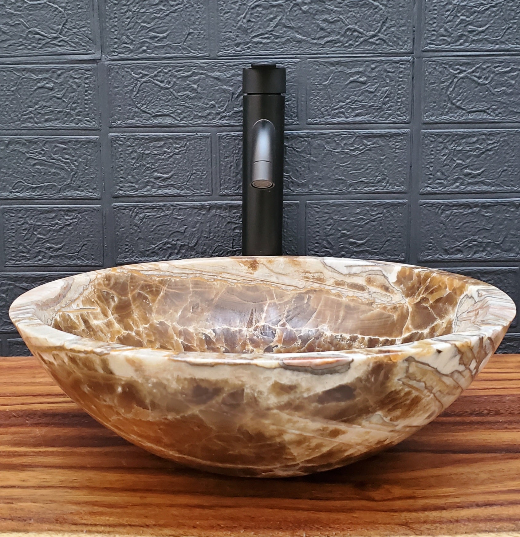 Brown and White Onyx Vessel Sink - Round Onyx Sinks Featured Onyx Sinks Sinks