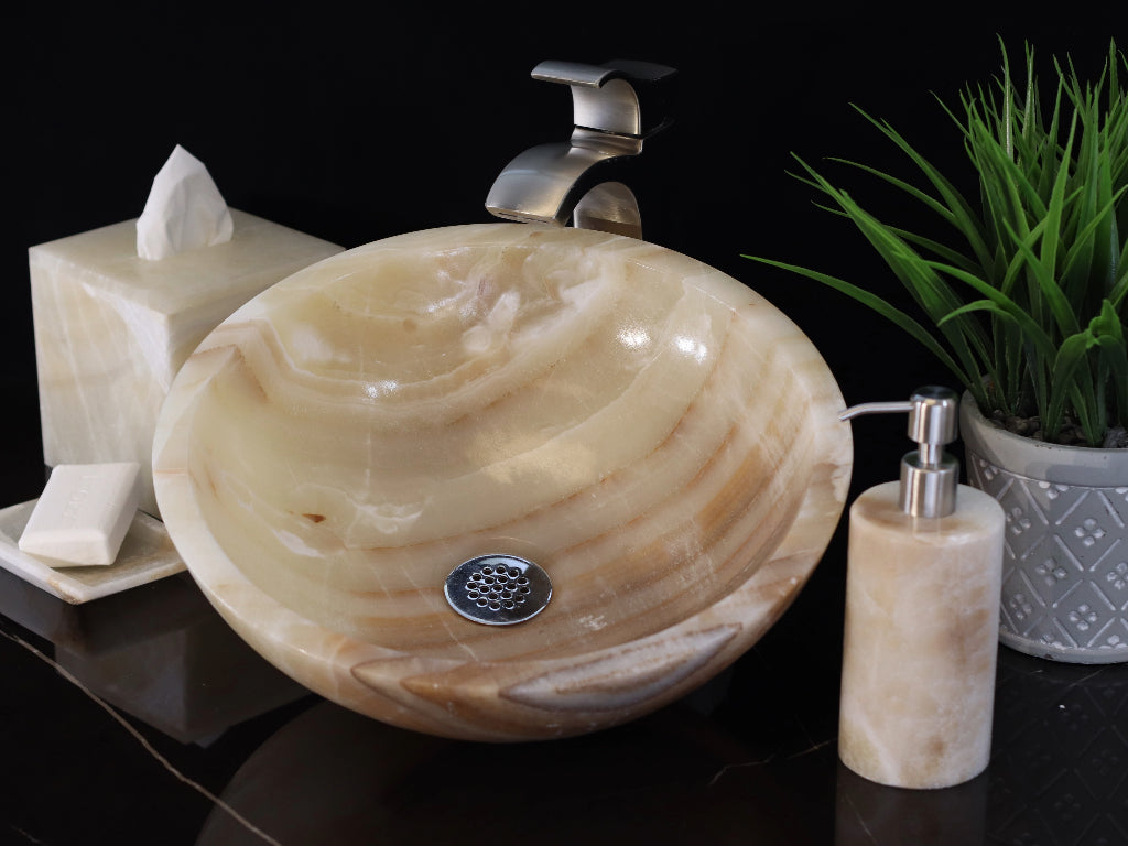 Brown and Tan Onyx Stone Vessel Sink. Made to sit above the counter. This sink has a polished finish. We hand finish, package, and ship from the USA. Buy now at www.felipeandgrace.com.