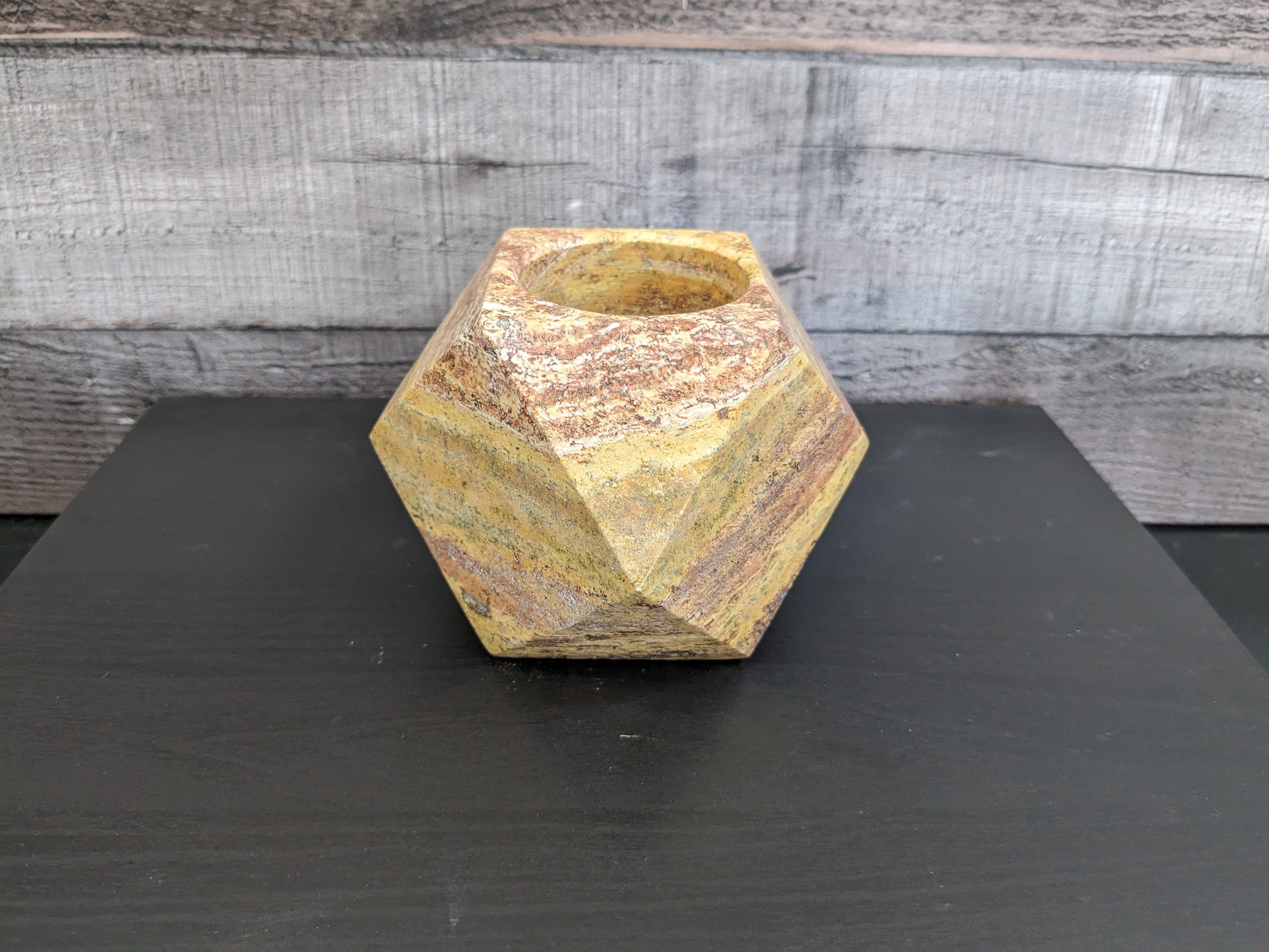 Red Orange Travertine Stone Geometric Mini Planter for Succulents and Terrariums. Handmade in Mexico. We ship and package from the USA. Buy now at www.felipeandgrace.com.