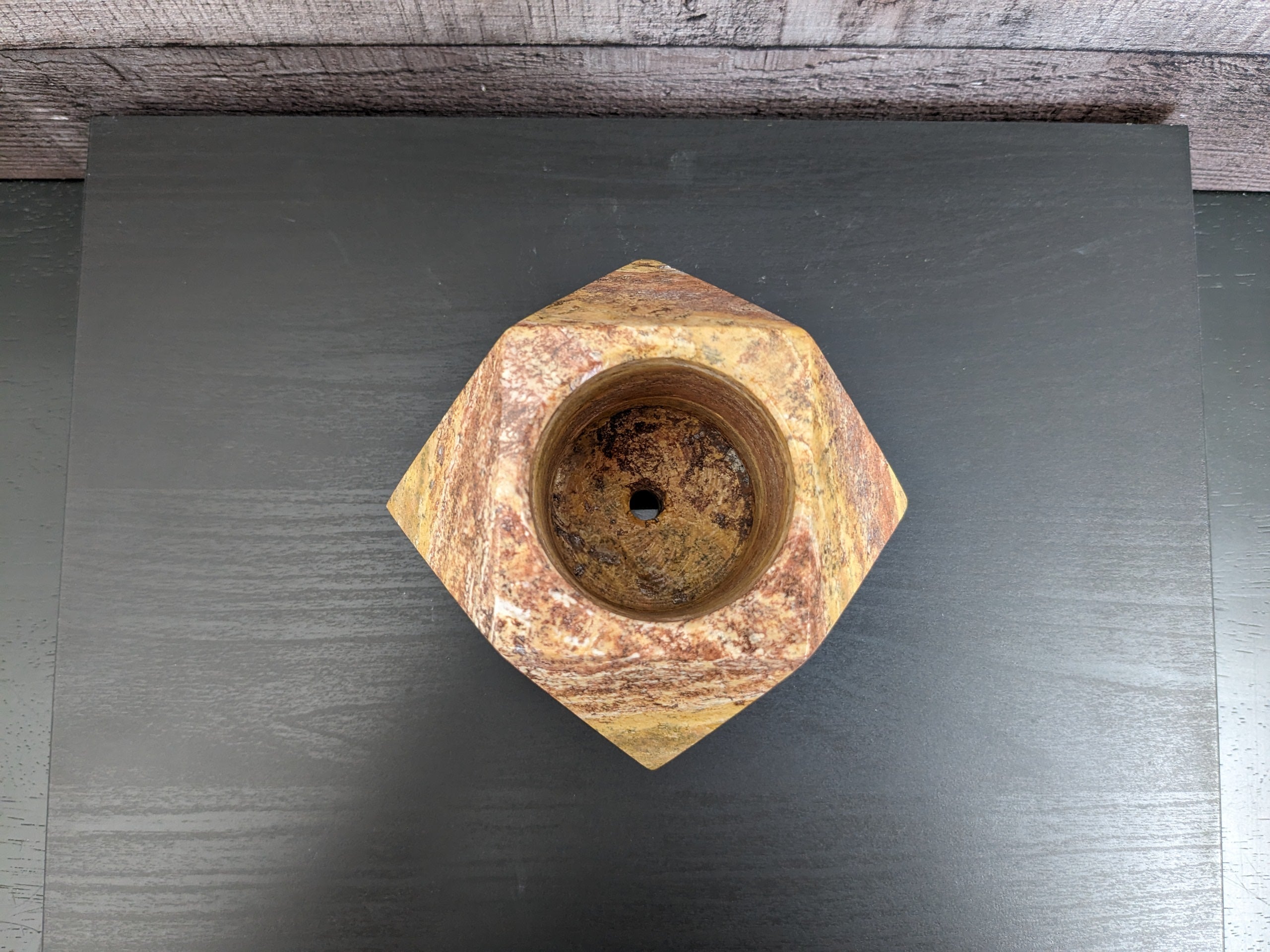 Red Orange Travertine Stone Geometric Mini Planter for Succulents and Terrariums. Handmade in Mexico. We ship and package from the USA. Buy now at www.felipeandgrace.com.