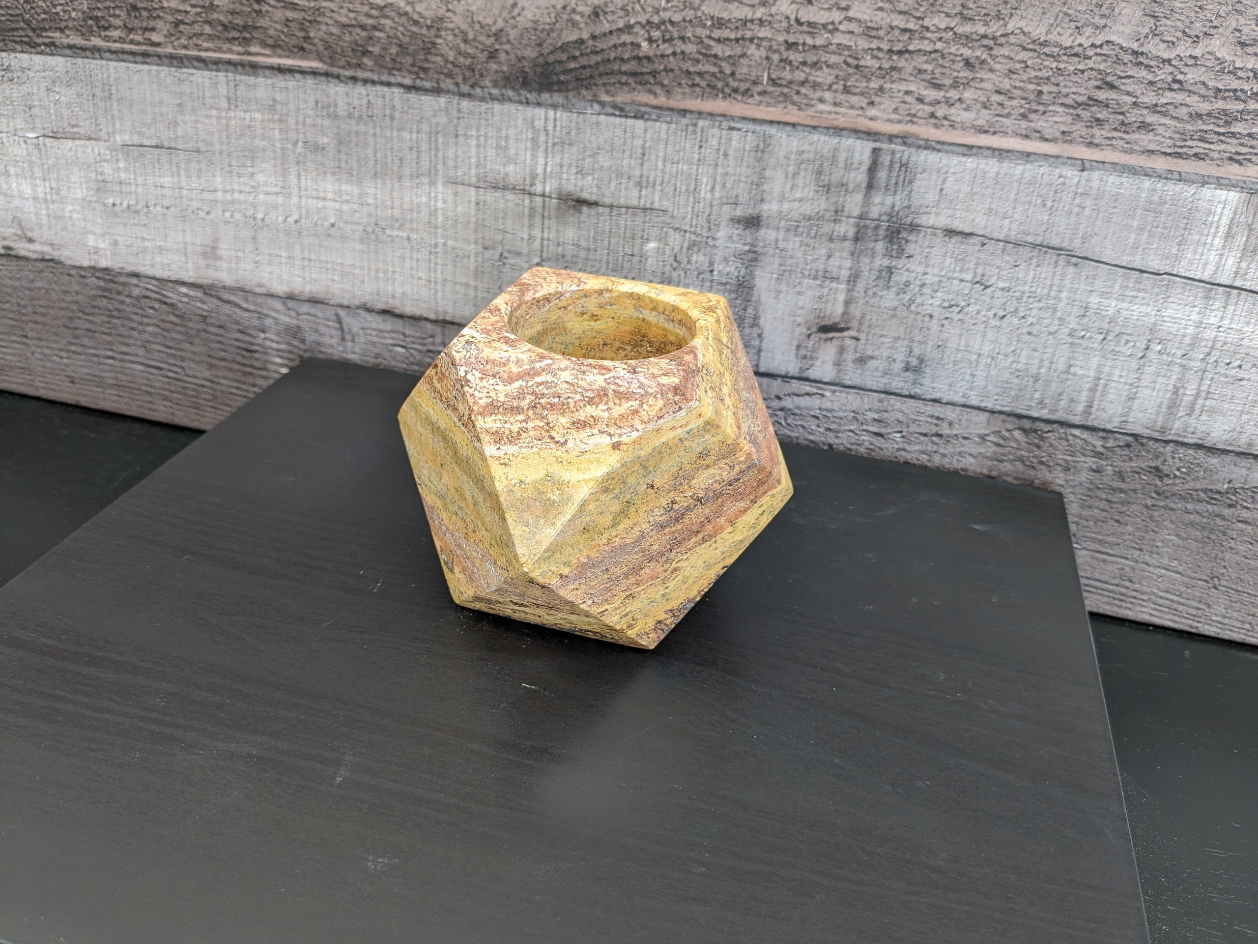 Red Orange Travertine Stone Geometric Mini Planter for Succulents and Terrariums. Handmade in Mexico. We ship and package from the USA. Buy now at www.felipeandgrace.com.