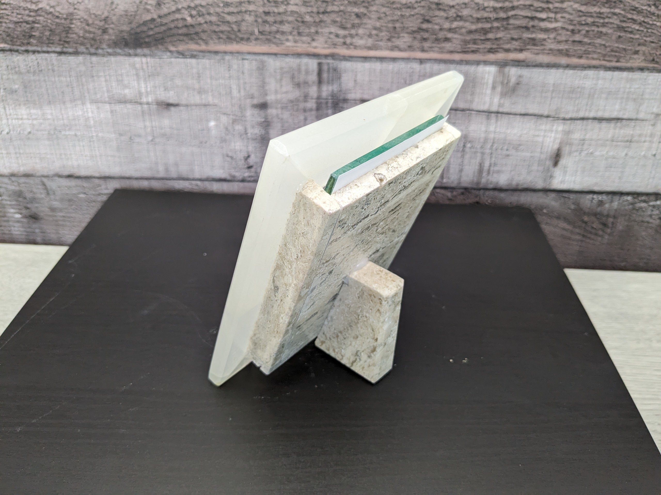White Onyx Frame with Glass Covering and Travertine Stone Stand. Handmade in Mexico. We package and ship from the USA. Buy now at www.felipeandgrace.com.